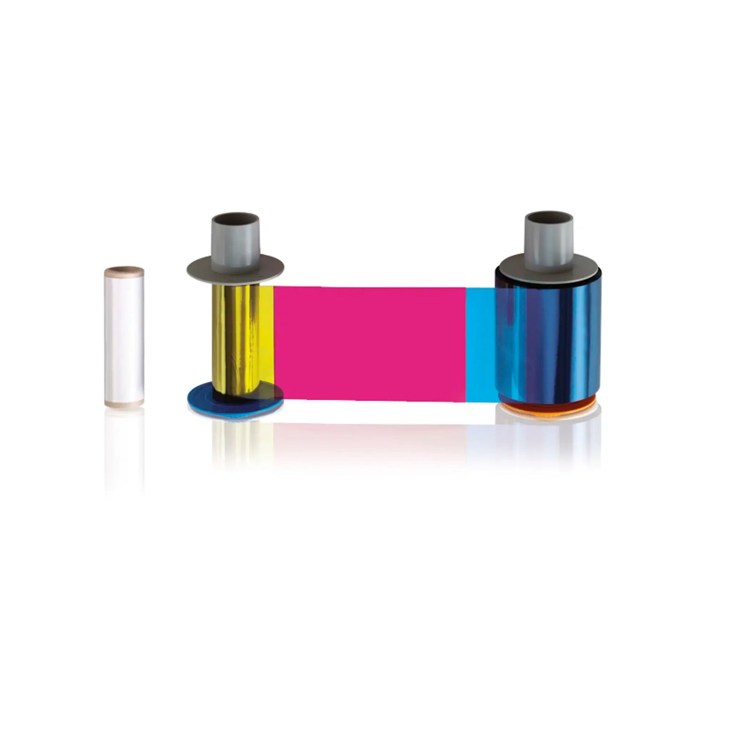 A HID Fargo 84056 YMCKH color ribbon featuring yellow, magenta, cyan color bands and a clear roll is displayed against a white background. This ribbon, ideal for HDP5000 ID card printers, includes a Heat Seal panel for added durability and can produce up to 500 prints.