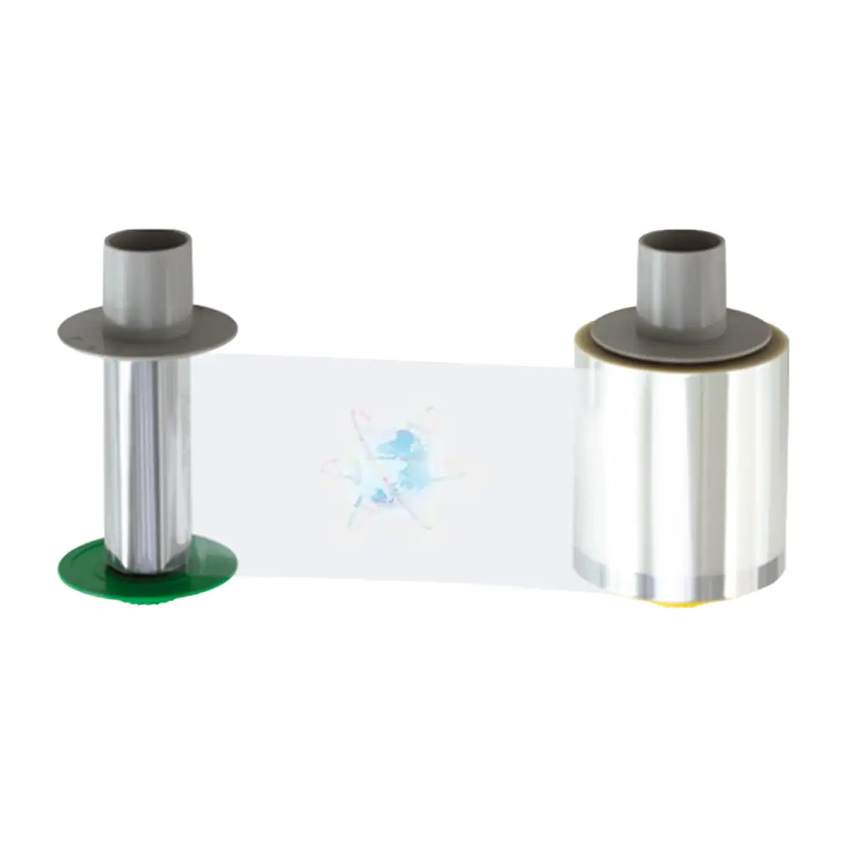 A roll of HID Fargo 84501 Holographic Overlaminate, featuring a High Secure Orbit Design and compatible with HDP5600 and HDP5000 ID card printers, on two gray spools, partially unrolled, displaying a faint multicolor pattern. Sold by Specialist iD.
