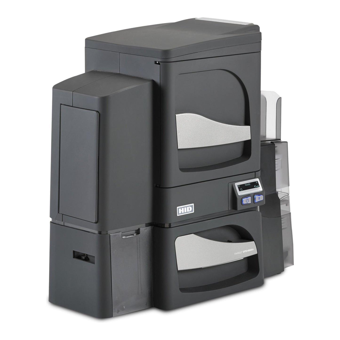 The HID FARGO DTC4500e Dual-Sided ID Card Printer with dual-side lamination features a control panel, input/output trays, and two main compartments.