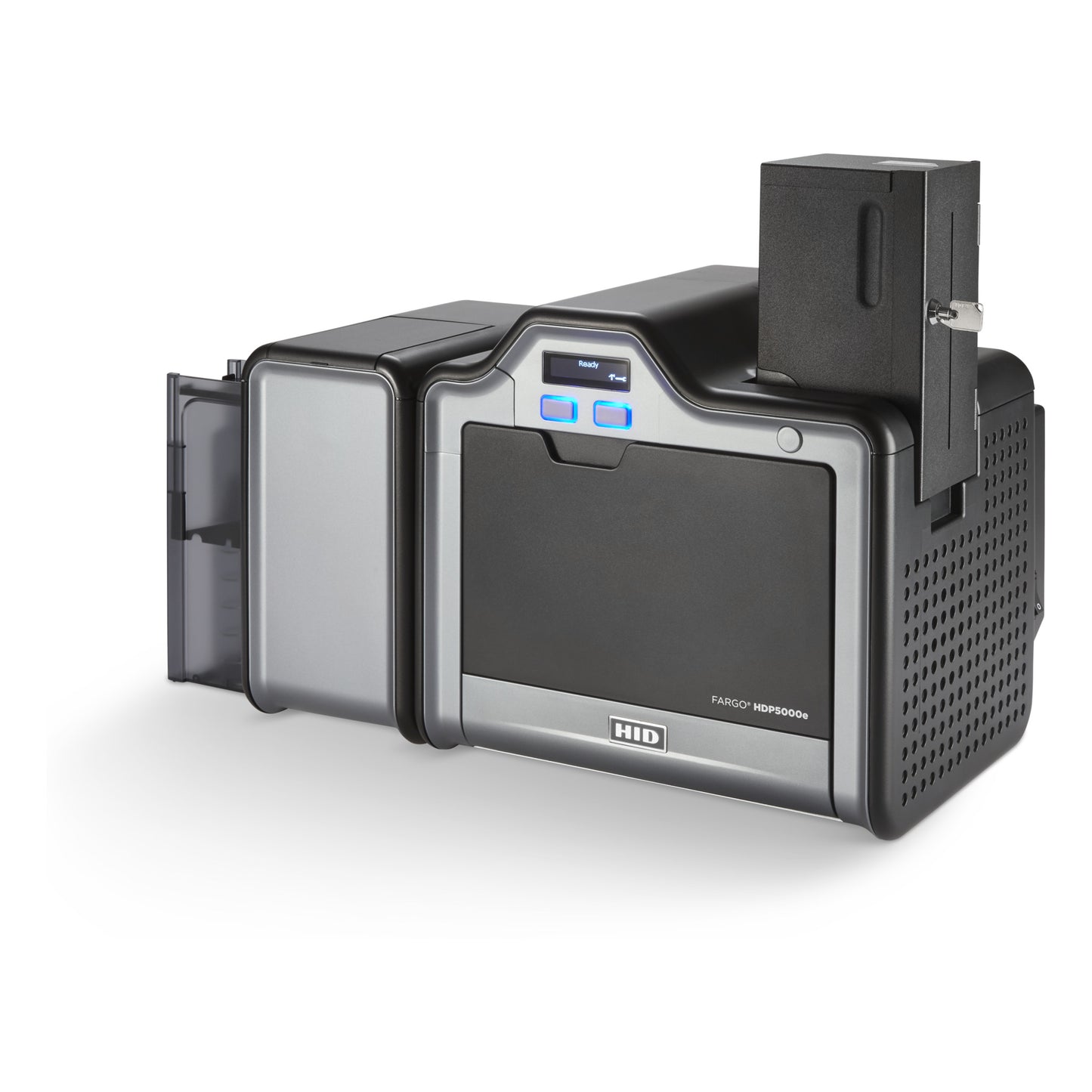 HID FARGO 89223 200-card locking input hopper with key, installed on an HDP5000e printer, left view