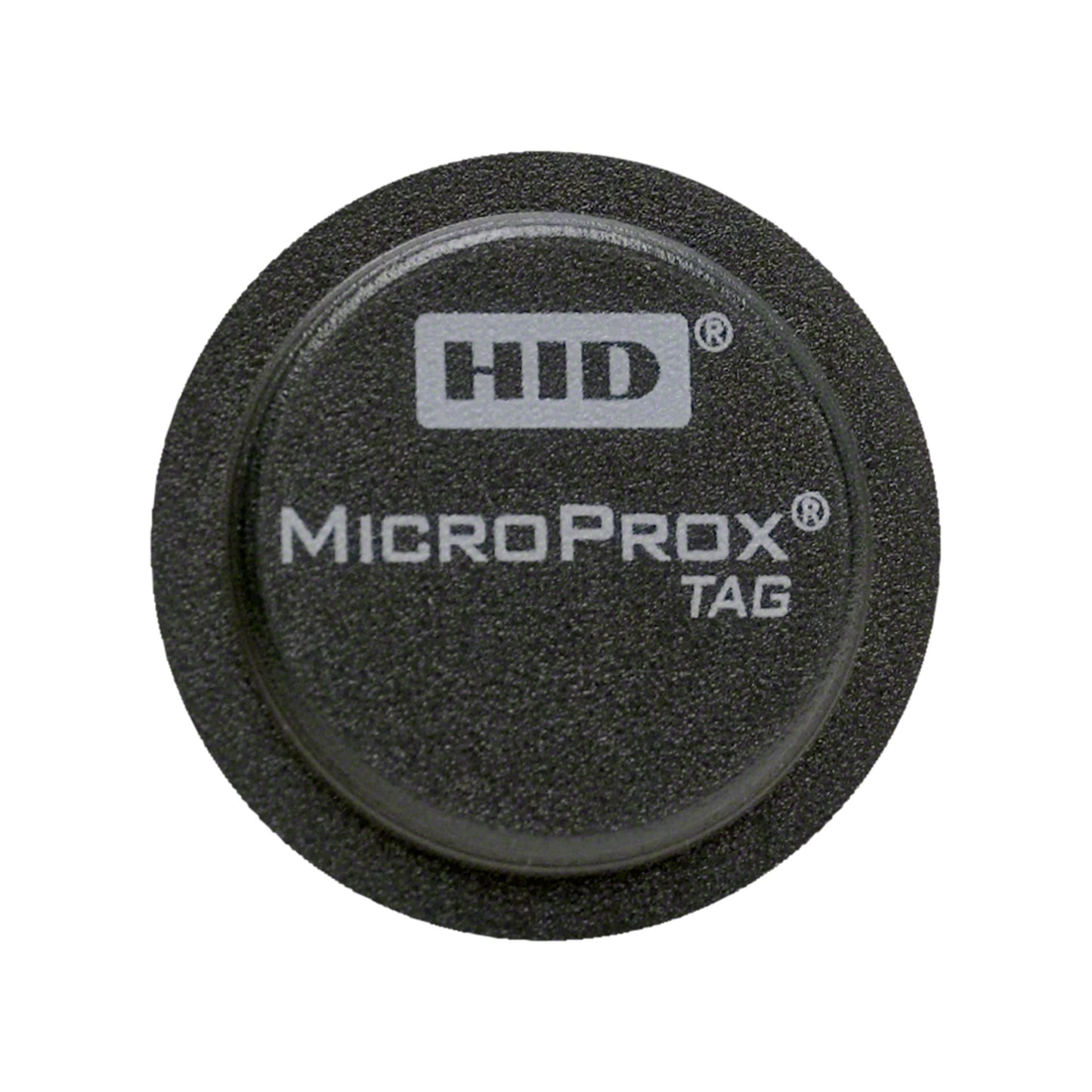 HID MicroProx 1391 adhesive proximity tag, a round black textured disc printed with the HID and MicroProx Tag logos in white, shown face-up against a white background.