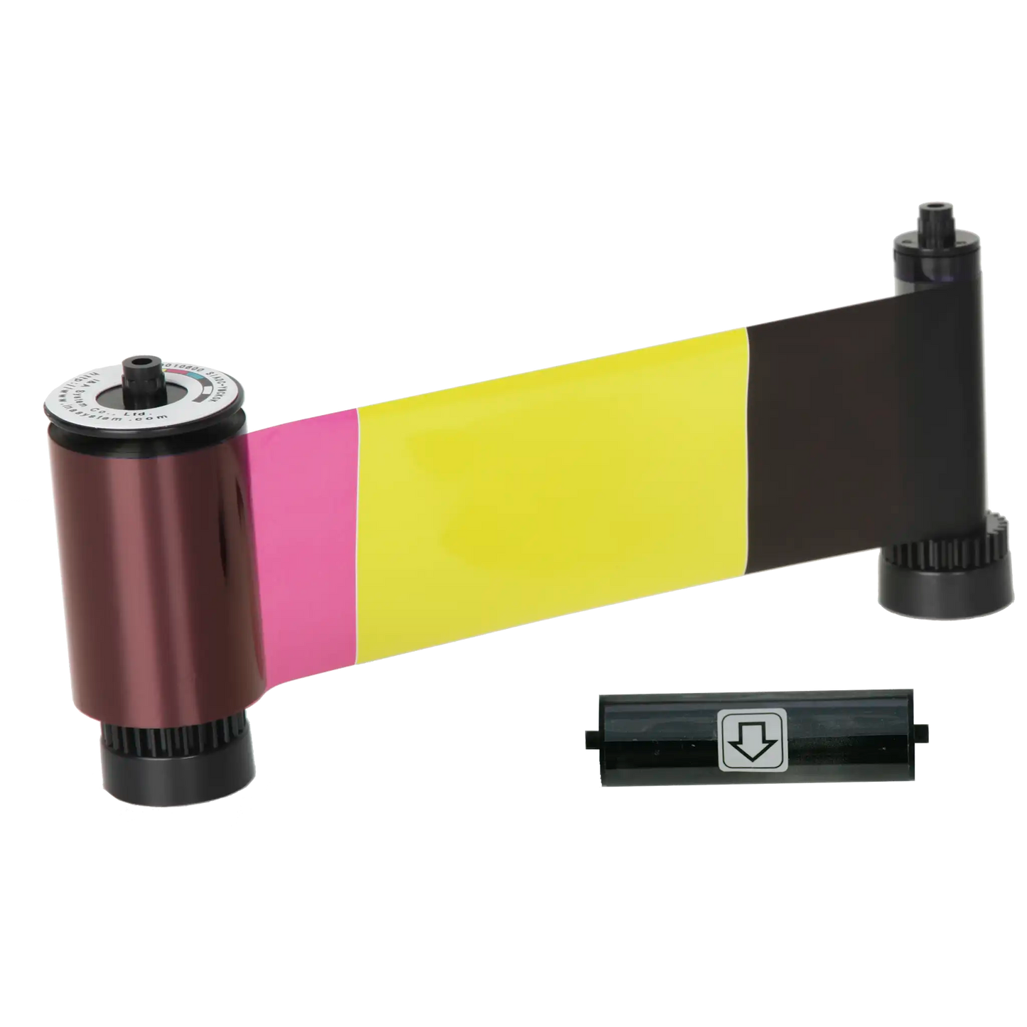 Introducing the IDP 650634 YMCKO Color Ribbon - 250 Prints: a color ribbon cartridge for full-color card printing, featuring panels in black, yellow, magenta, and cyan. Compatible with IDP Smart-30 and Smart-50 printers.
