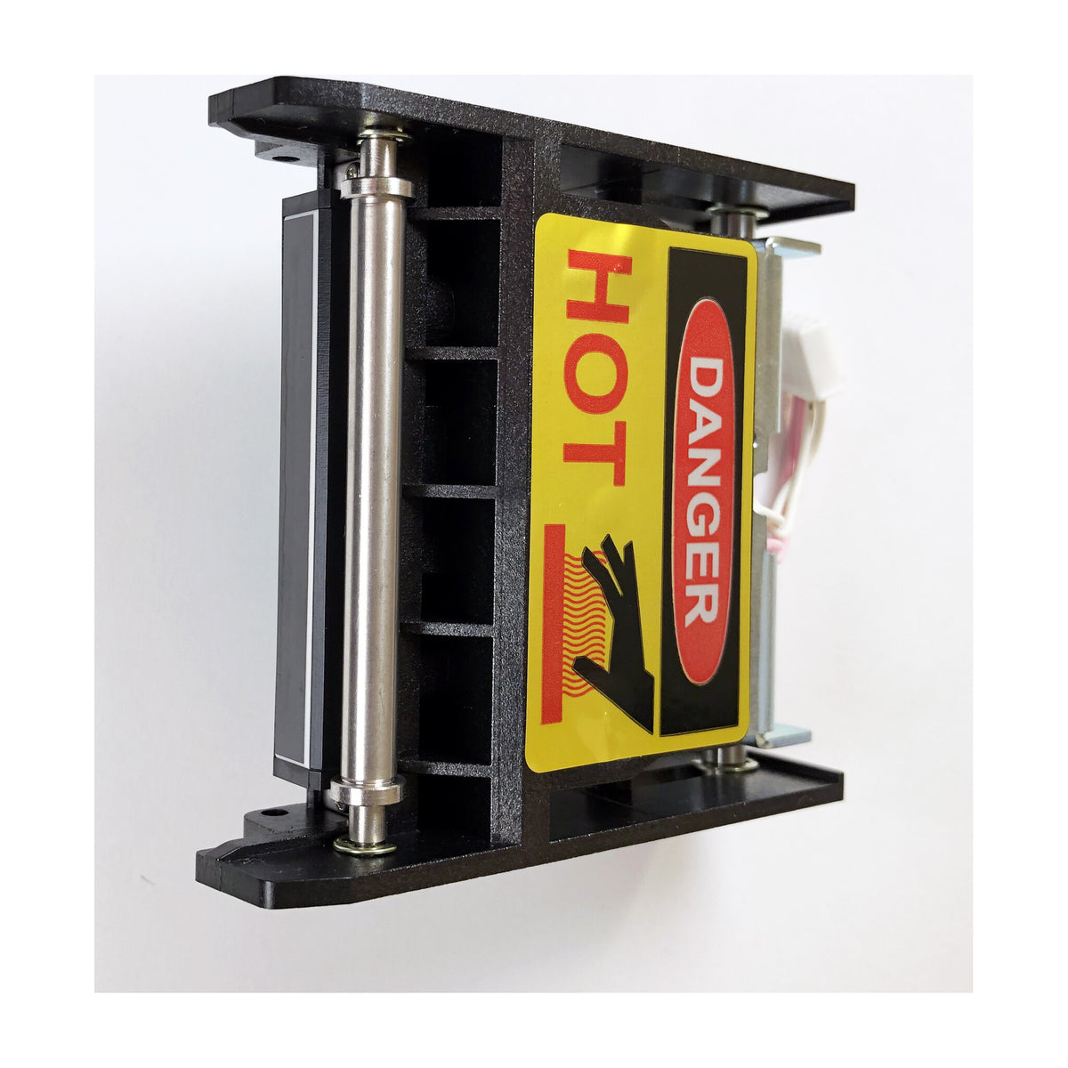 IDP SMART-50L laminator heating unit in its black frame with a red and yellow HOT warning label