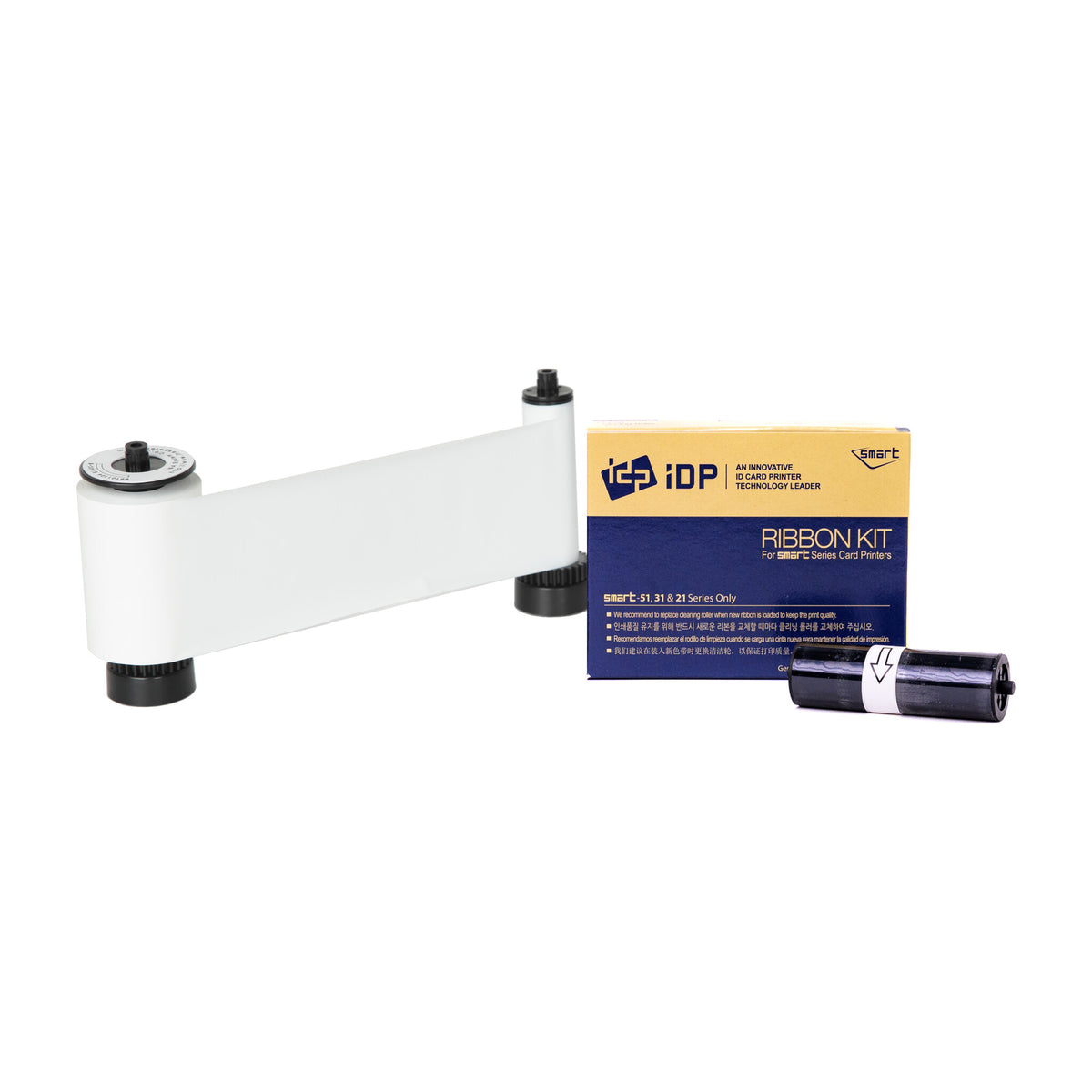 IDP 653315 white resin ribbon for the SMART-21 unrolled in front of its Ribbon Kit box, with a cleaning roller