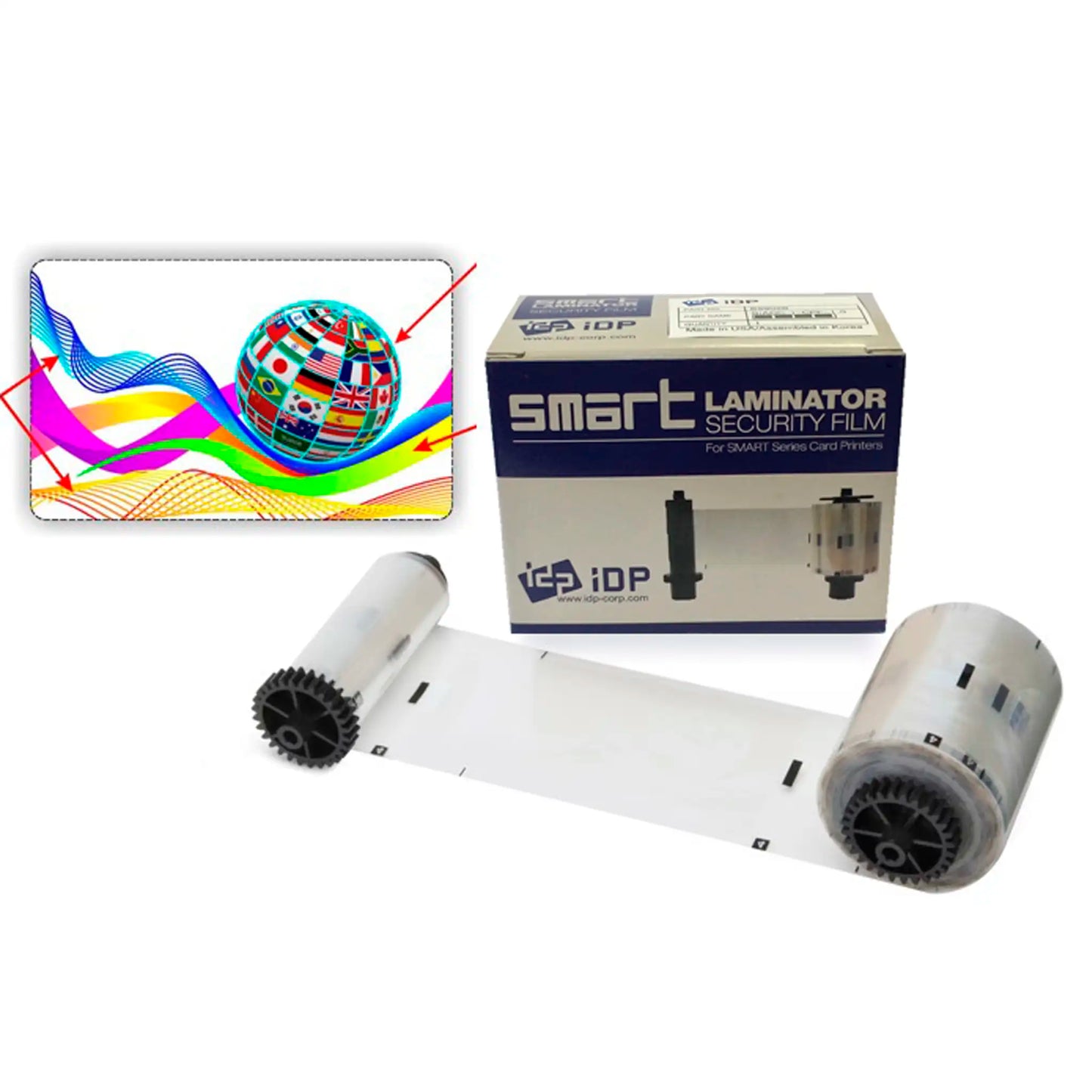 Photo of IDP Smart Laminator Security Film with the packaging box, a roll of laminating film, and a vibrant multicolored print of a globe and wavy lines. Also pictured are the Smart-50L ID card printer and IDP 659029 Holographic Patch Laminate - 250 Prints, Standard Globe Design for enhanced security.