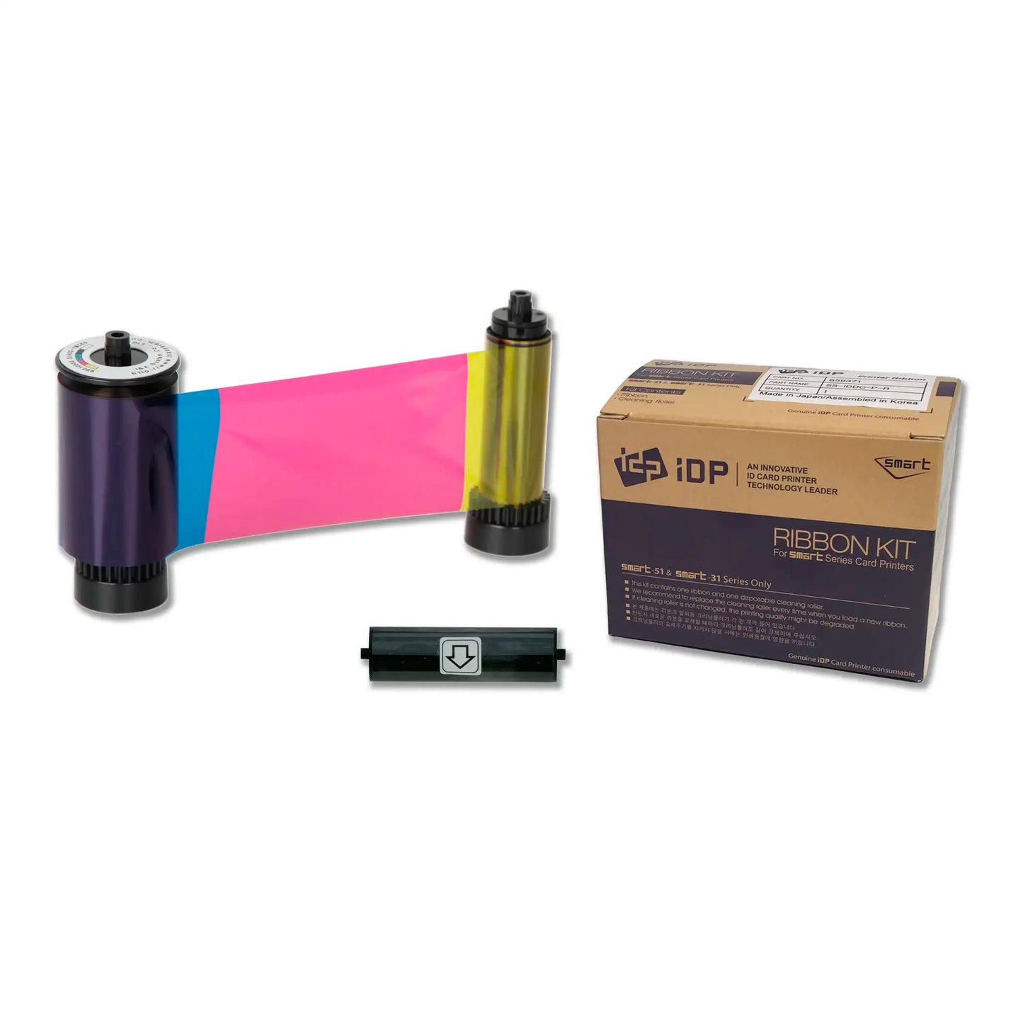 Image of an ID card printer ribbon kit, showing an open plastic ribbon with yellow, magenta, cyan, and black print sections for full-color card printing, along with a replacement part and a box labeled "IDP 659366 YMCKO Ribbon - 250 Prints, for Smart-31 & Smart-51 Series Card Printers" compatible with Smart-31 and Smart-51 printers.