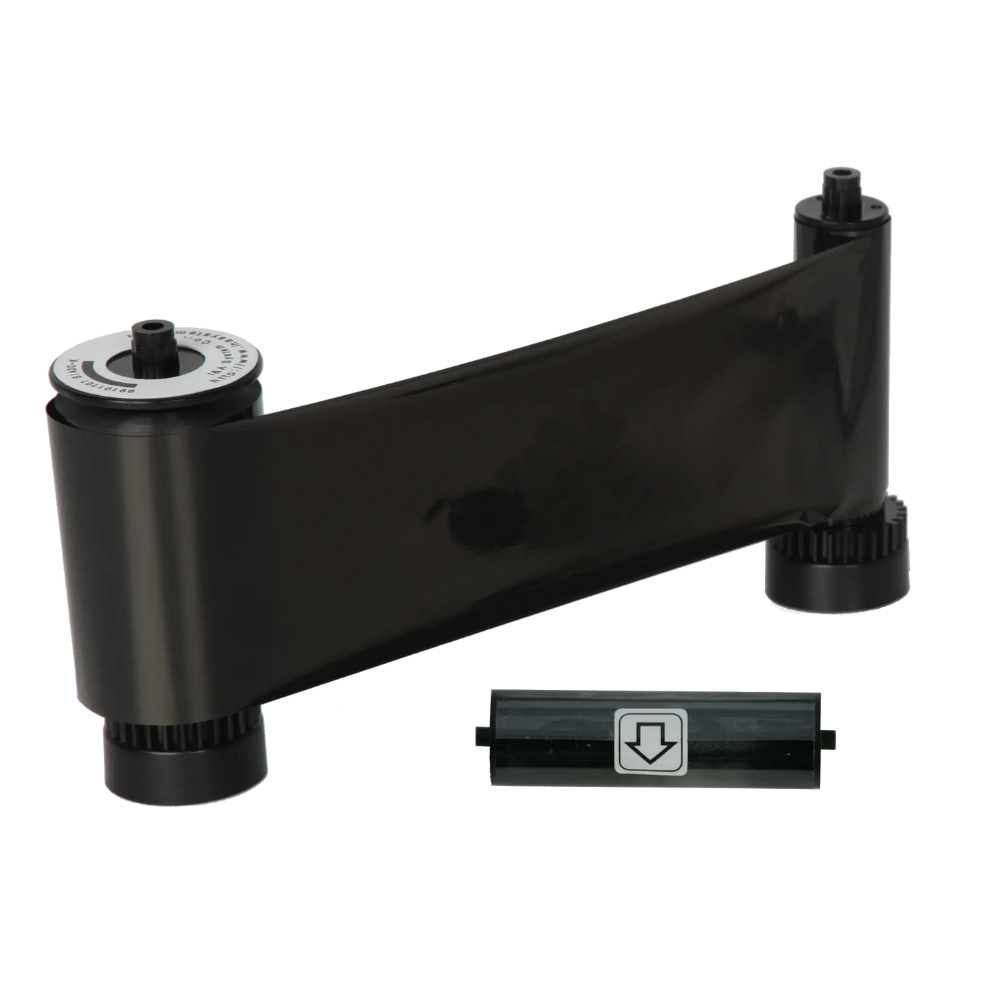 A IDP 659367 Monochrome Black Ribbon - 1200 Prints, Compatible with Smart-31 and Smart-51 ID Card Printers and an accompanying black component with a downward-pointing arrow symbol, compatible with Smart-51 ID card printers.