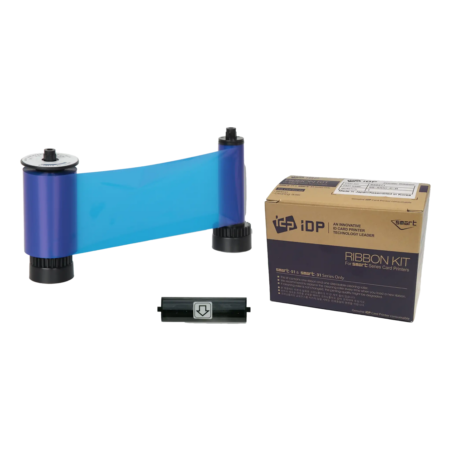 The IDP 659372 Blue Monochrome Resin Ribbon is pictured with two black spools, a cleaning roller, and a beige cardboard box labeled "iDP Ribbon Kit", and is compatible with SMART-31 and SMART-51 ID card printers.