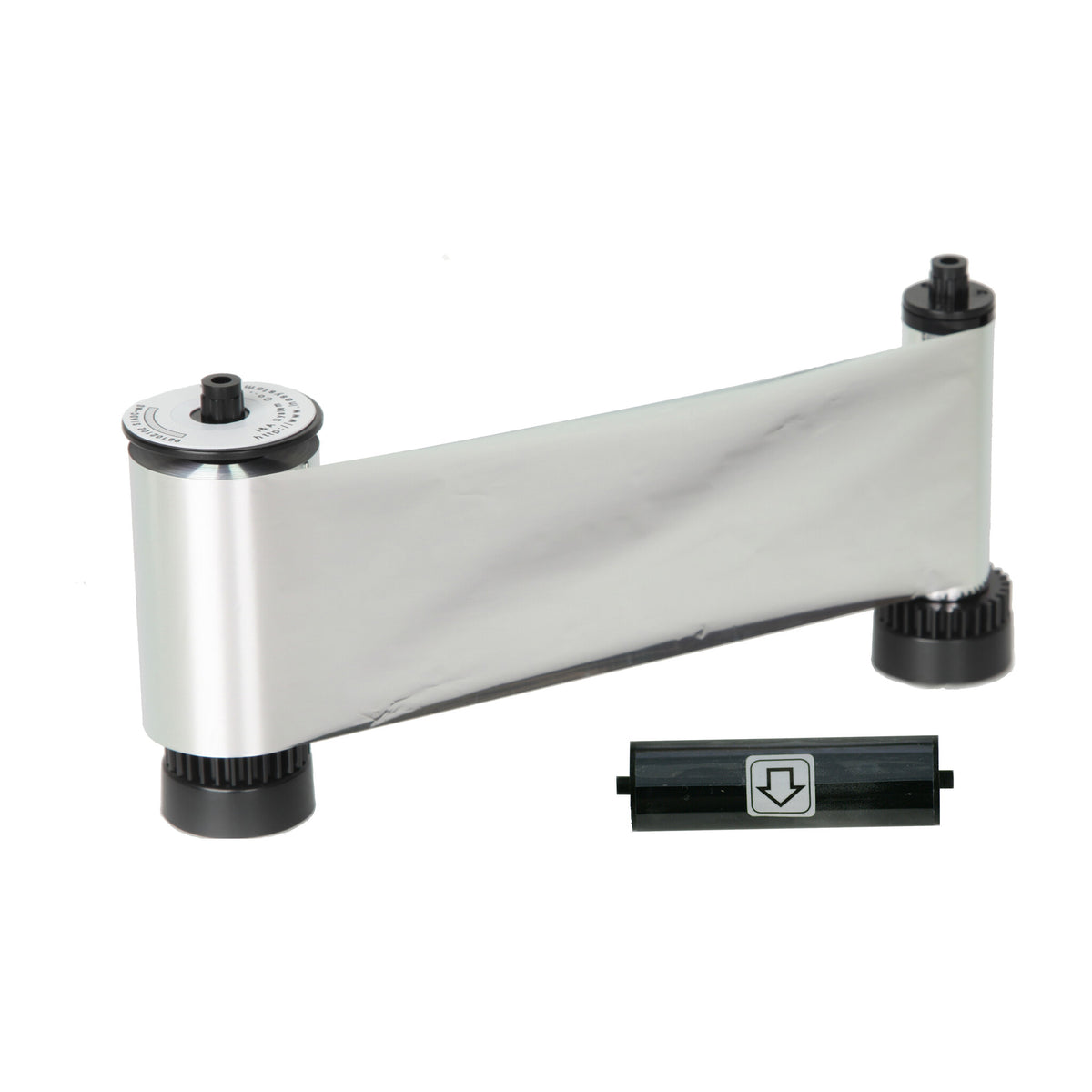 IDP 659373 metallic silver ribbon unwound between its supply and take-up spools, with the cleaning roller below
