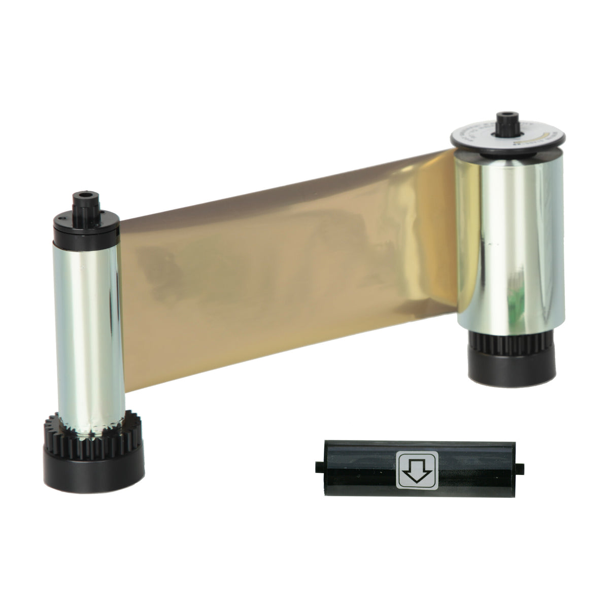 IDP 659374 metallic gold ribbon unwound between its supply and take-up spools, with the cleaning roller below