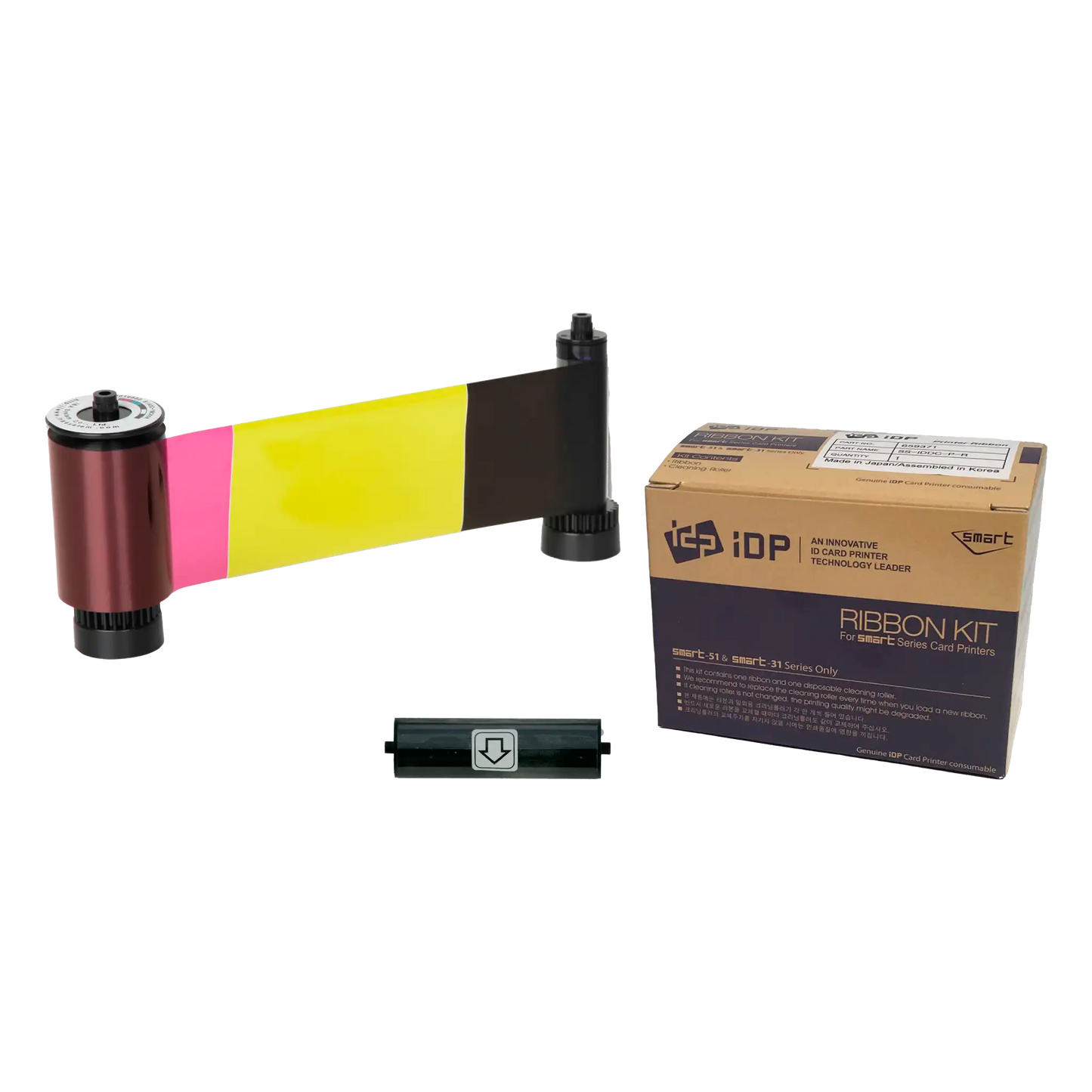 Image of an iDP ribbon kit for ID card printers, featuring the IDP 659376 YMCKOK Color Ribbon - 200 Prints and a box labeled "iDP Ribbon Kit," compatible with SMART-31 and SMART-51 card printers, designed for dual-sided card printing.