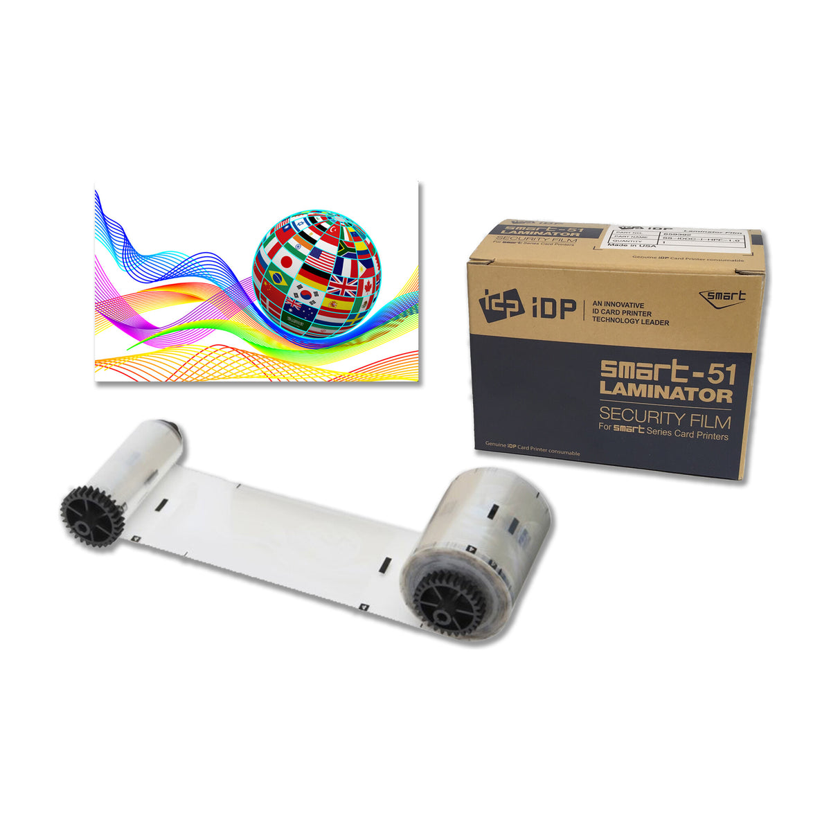 IDP 659392 Globe Flags hologram patch laminate roll with a sample card showing a globe of world flags, and the SMART-51 Laminator Security Film box