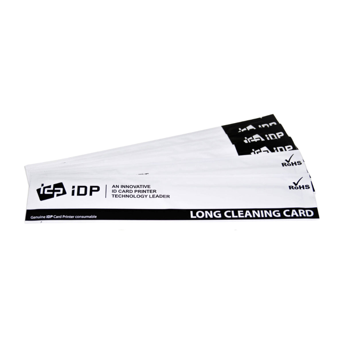 IDP long cleaning cards labeled Long Cleaning Card, fanned on a white background