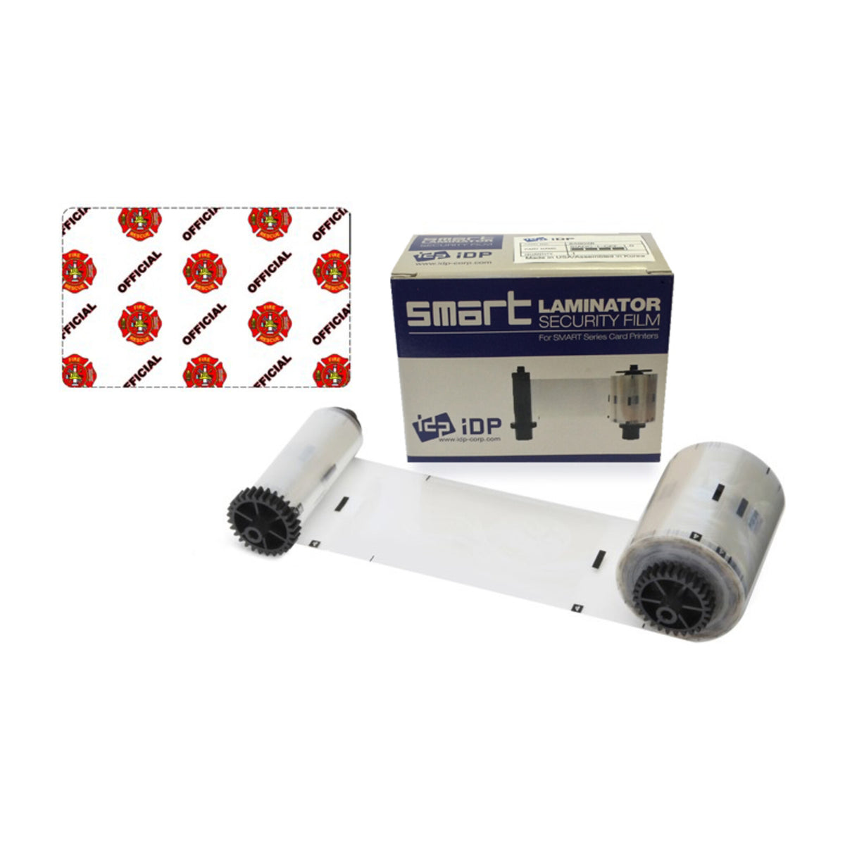 IDP 659W25 Official Fire/Rescue hologram patch laminate roll with a sample of the red emblem and OFFICIAL design and a SMART Laminator Security Film box