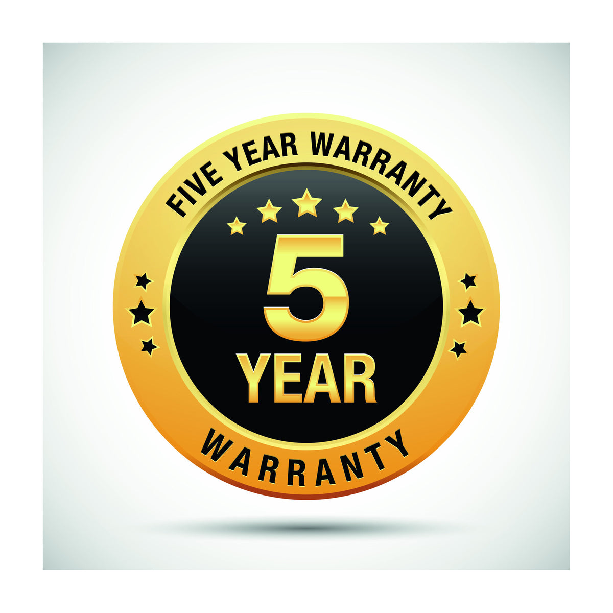 IDP five year warranty badge, a blue and gold seal reading 5 Year Warranty