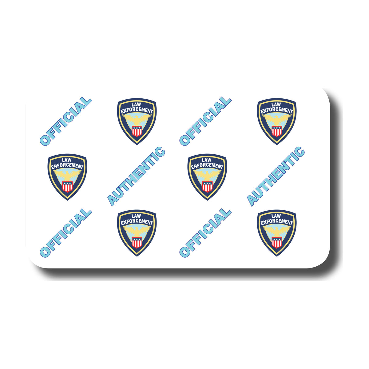 IDP Law Enforcement hologram design: repeating blue Law Enforcement shields with the words OFFICIAL and AUTHENTIC