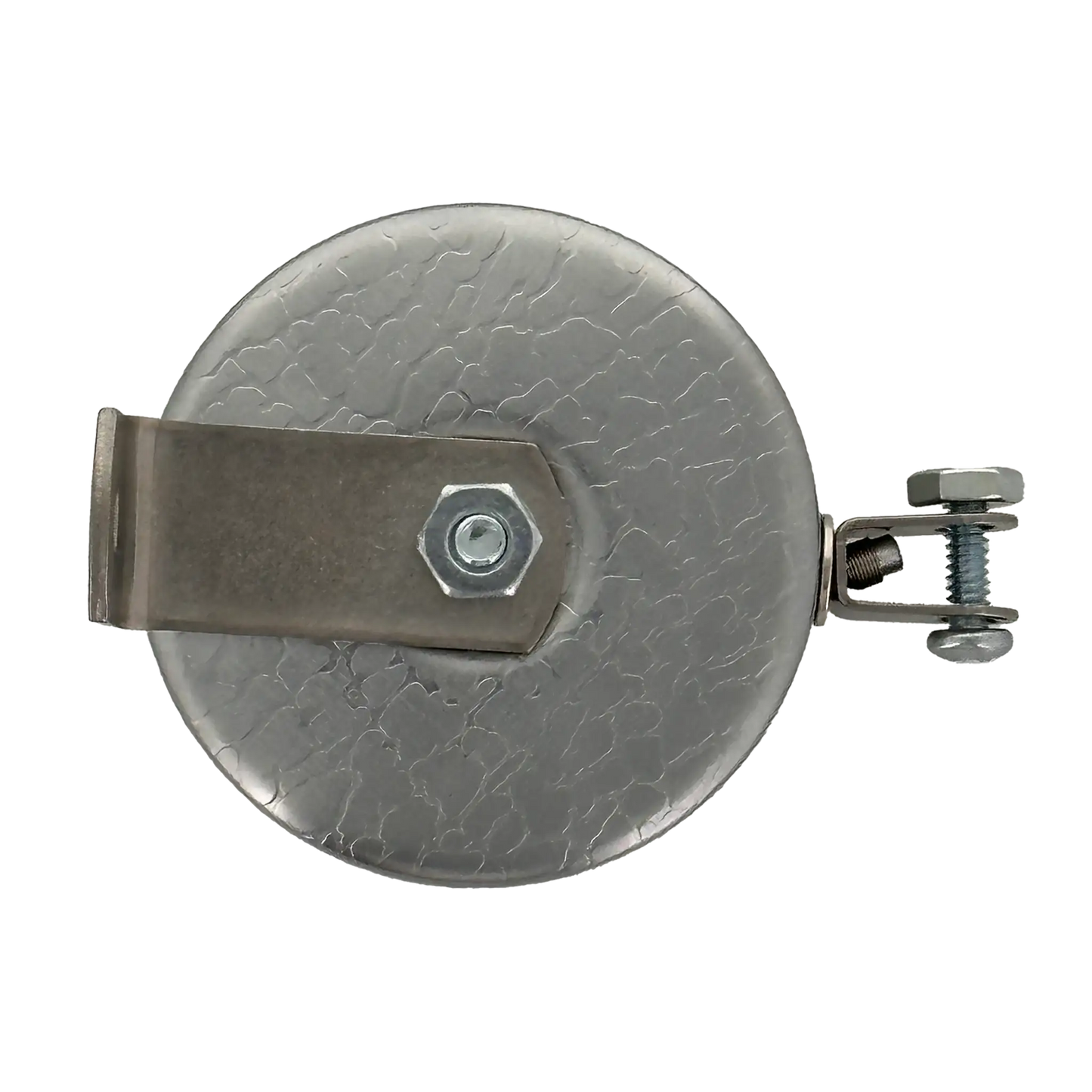 Close-up view of the Key-Bak #481LS-HD Mountable Retractable Reel with a steel cable and L bracket, secured with a hex nut yoke, designed for industrial applications.