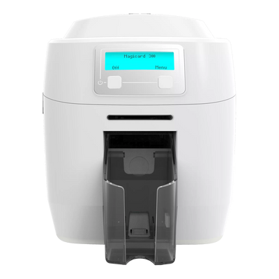 The MAGICARD 300 ID Card Printer offers a digital display, advanced ID card printing, a sleek card slot, control buttons, and a Holokote Watermark System for enhanced security and quality.