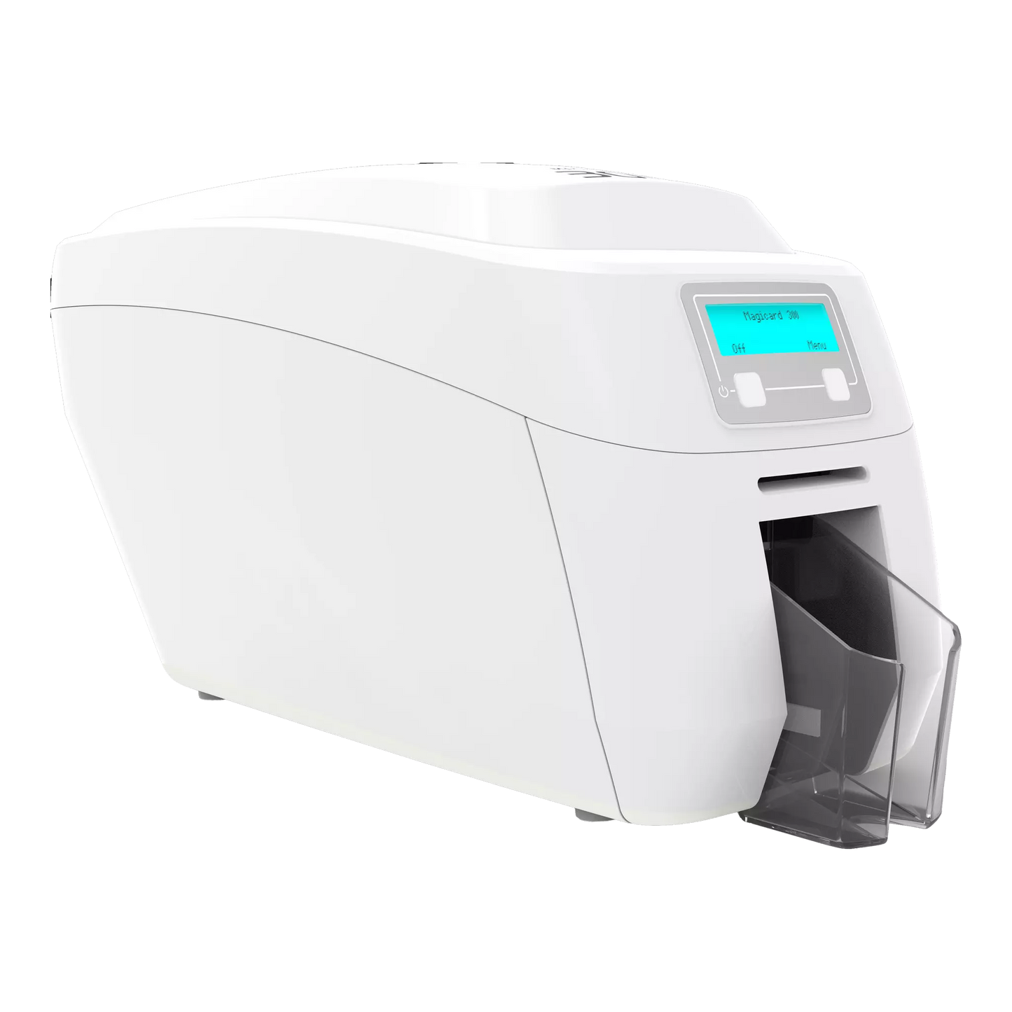 The MAGICARD 300 ID Card Printer, equipped with a digital display and card output tray, optimizes ID card printing efficiency. It offers enhanced security with an optional Holokote Watermark System.