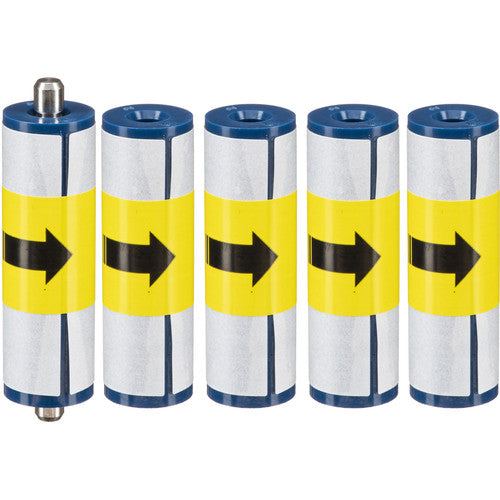 Five cylindrical objects with white, yellow, and blue stripes are lined up vertically, accompanied by a cylindrical metal rod placed horizontally in front of them, essential for proper MAGICARD 3633-0054 Enduro Cleaning Roller Kit maintenance. Sold by Specialist ID, an authorized Magicard dealer.