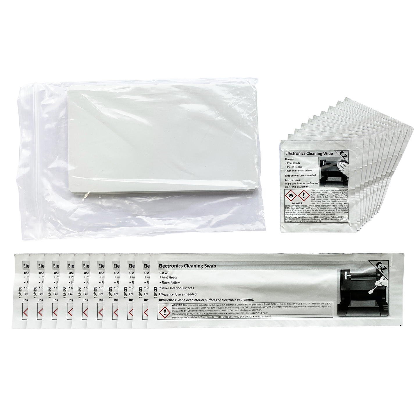 The Magicard E9887 Retransfer Printer Cleaning Kit, compatible with Prima 4 and Prima 8, includes electronics cleaning swabs in individual packets and white cleaning cloths in a transparent package—perfect for maintaining your ID card printer's performance.