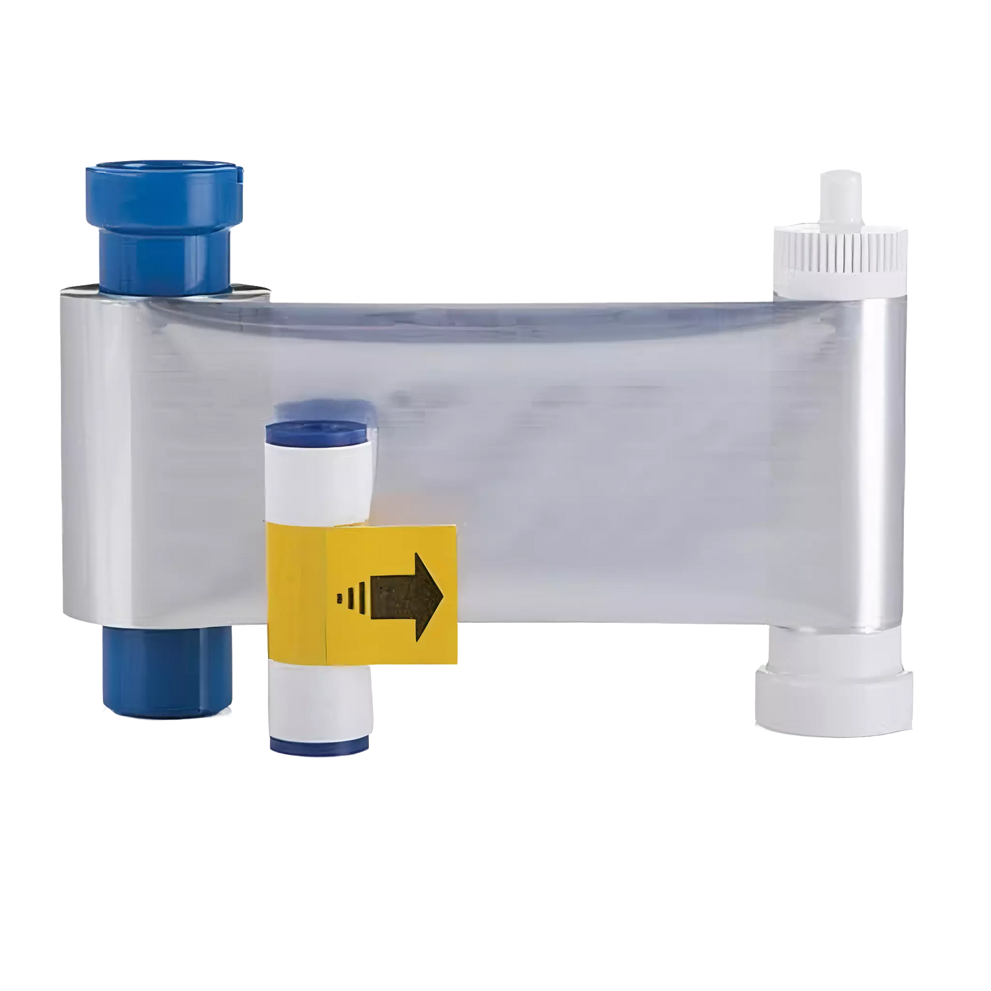 Magicard MA1000K-SILVER Monochrome Silver Ribbon in a sleek silver pouch with blue and white end caps and a yellow label showing its 1,000-print capacity with an arrow icon