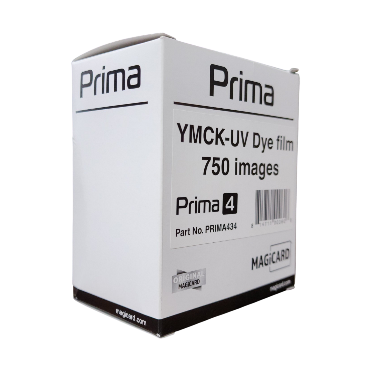 A box labeled "Magicard Prima434 YMCK-UV Ribbon - 750 Prints, Compatible with Prima4 ID Card Printer" is shown against a white background. Photographed and sold by Specialist ID, an authorized Magicard dealer.