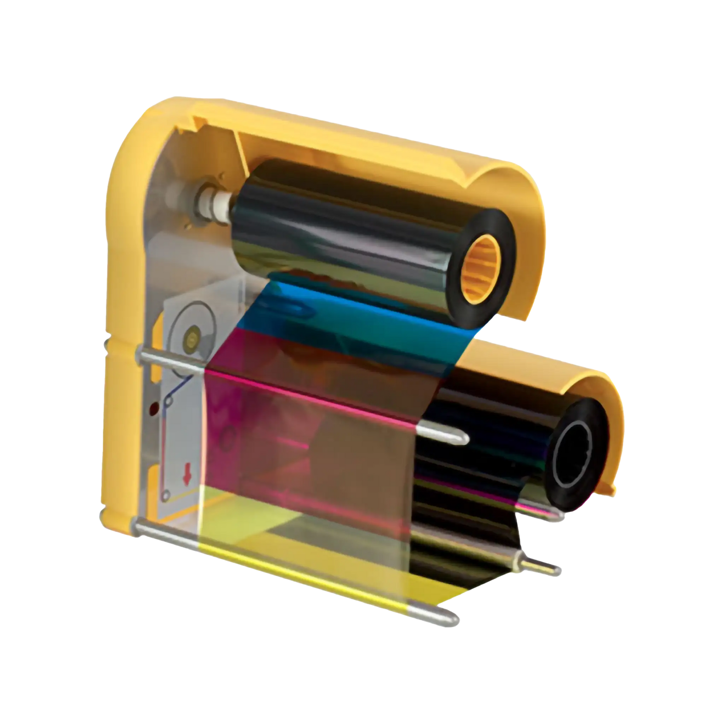 Close-up of a yellow Magicard Prima833 YMCKK ribbon cartridge removed from its housing, showing the five exposed dye panels—yellow, magenta, cyan, and two black—wound between the supply and take-up spools, ready for dual-sided retransfer ID card printing.