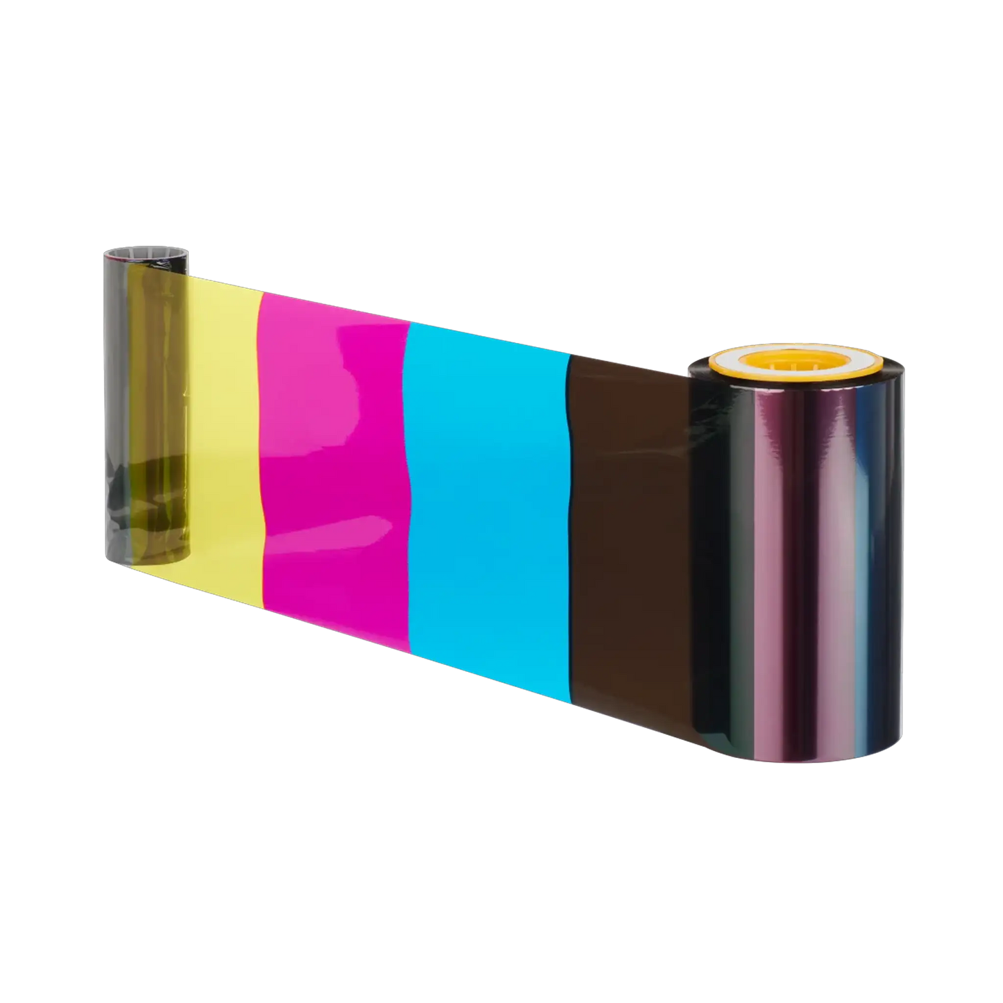 The Matica PR000816 YMCK Ribbon, compatible with XID card printers, features sections of yellow, pink, blue, and black and is perfect for high-volume printing with a capacity of 1000 prints.