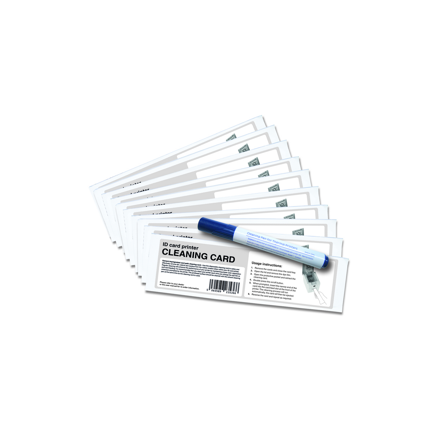 The Magicard E9100 Pronto100 Cleaning Kit features multiple cleaning cards and a pen beautifully arranged in a fan shape, ideal for maintaining your card printer.