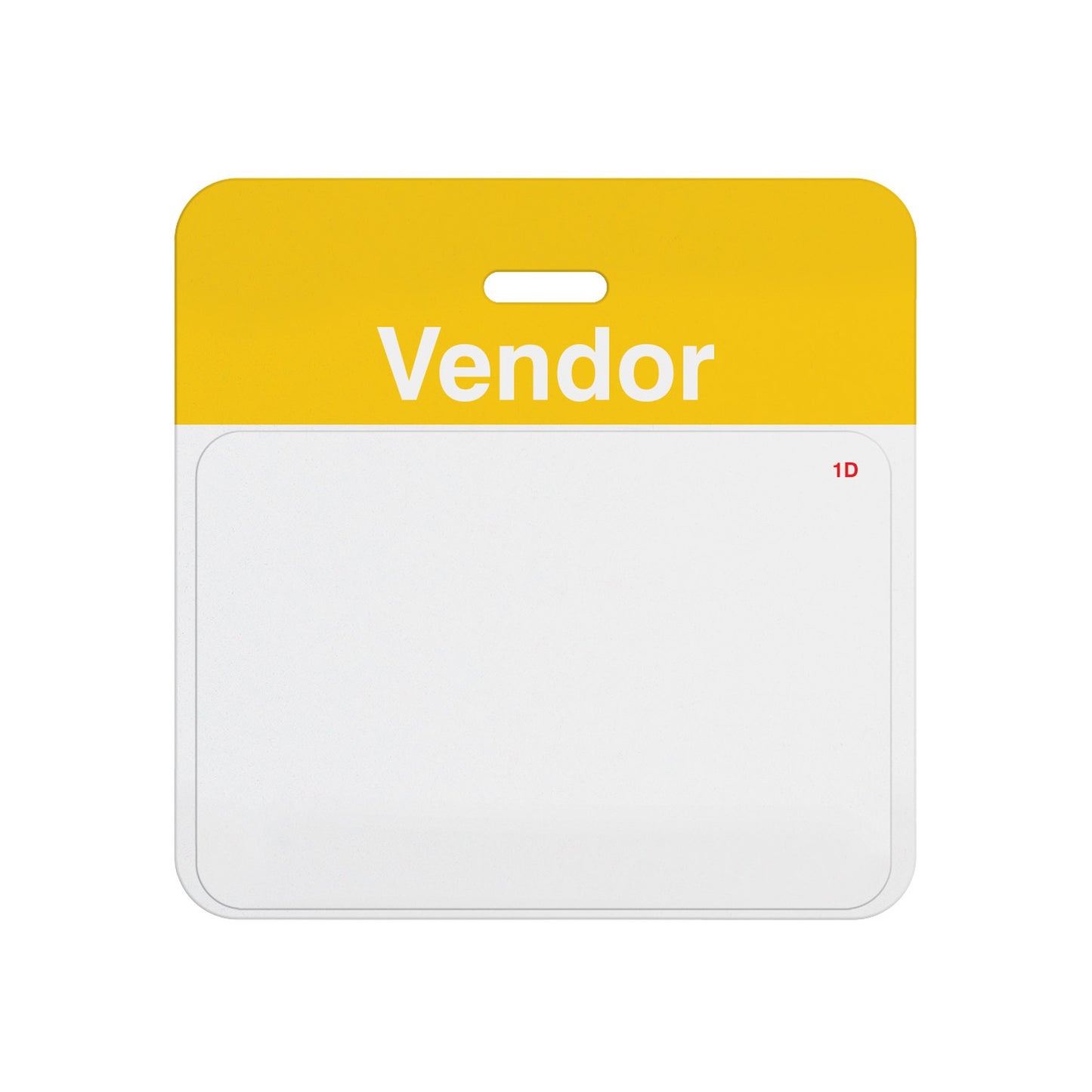 Valid self-expiring vendor badge with yellow VENDOR header bar and blank white one-day front, T5937A back assembled with T6151 front