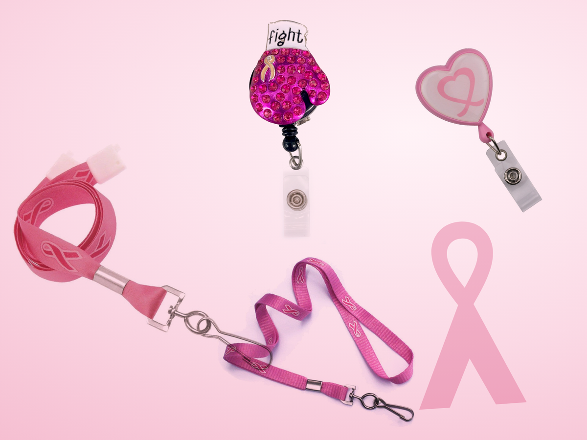 Pink ribbon breast cancer awareness lanyards, the pink rhinestone fight boxing glove badge reel and the pink ribbon heart badge reel
