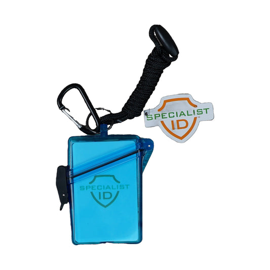 Blue translucent waterproof ID badge holder case (SPID-1690) with braided neck cord and carabiner