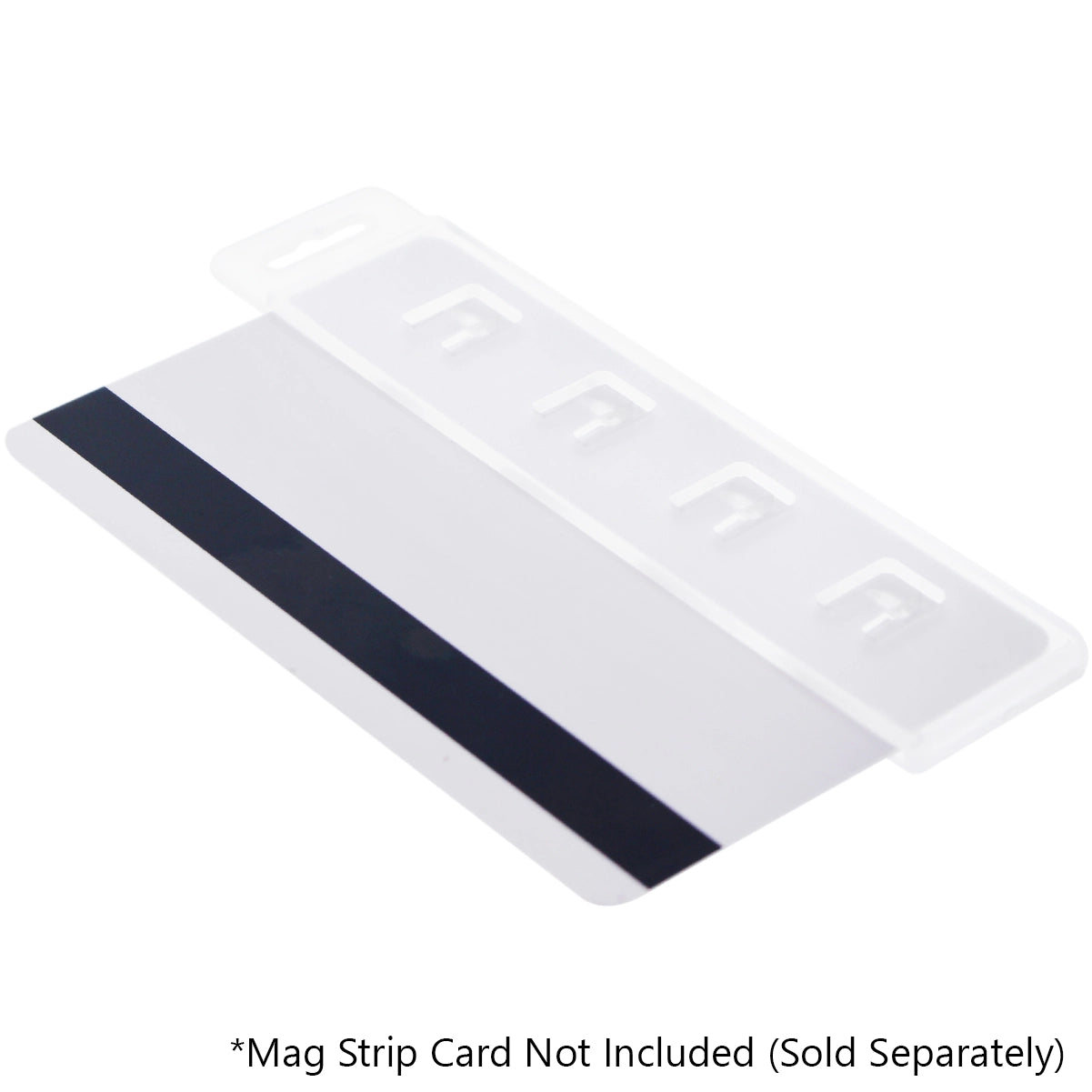A Vertical Half Card Holder for Magnetic Stripe Swipe Cards - Heavy Duty Gripper (SPID-1380) with four hooks. A card with a black magnetic strip is placed underneath. Text at the bottom reads "Mag Strip Card Not Included (Sold Separately)." Ideal for professional purchasers using magnetic stripe swipe cards.