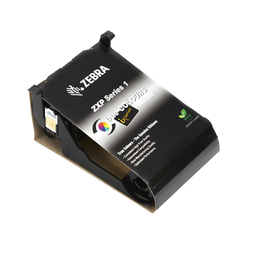 A Zebra 800011-101 Monochrome Black Ribbon - 1000 Prints, Compatible with ZXP Series 1 ID Card Printer, shown in its sleek black packaging box, designed to deliver vibrant monochrome printing.