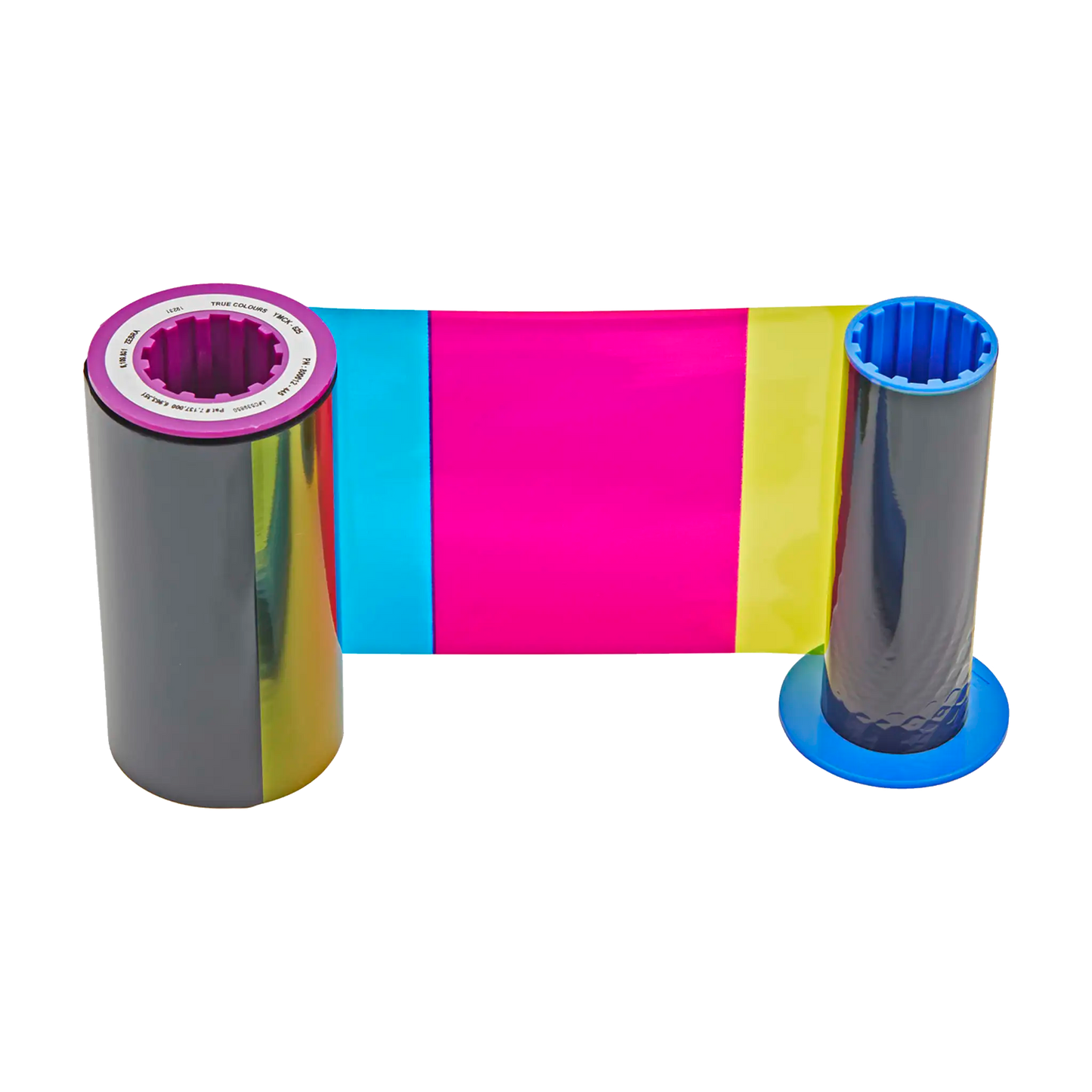A Zebra 800012-445 YMCK Ribbon - 625 Prints, for ZXP Series 8 & Series 9 Retransfer ID Card Printers with multiple color panels, including cyan, magenta, yellow, and black, is shown between two spools and is designed to produce high-quality durable card prints.