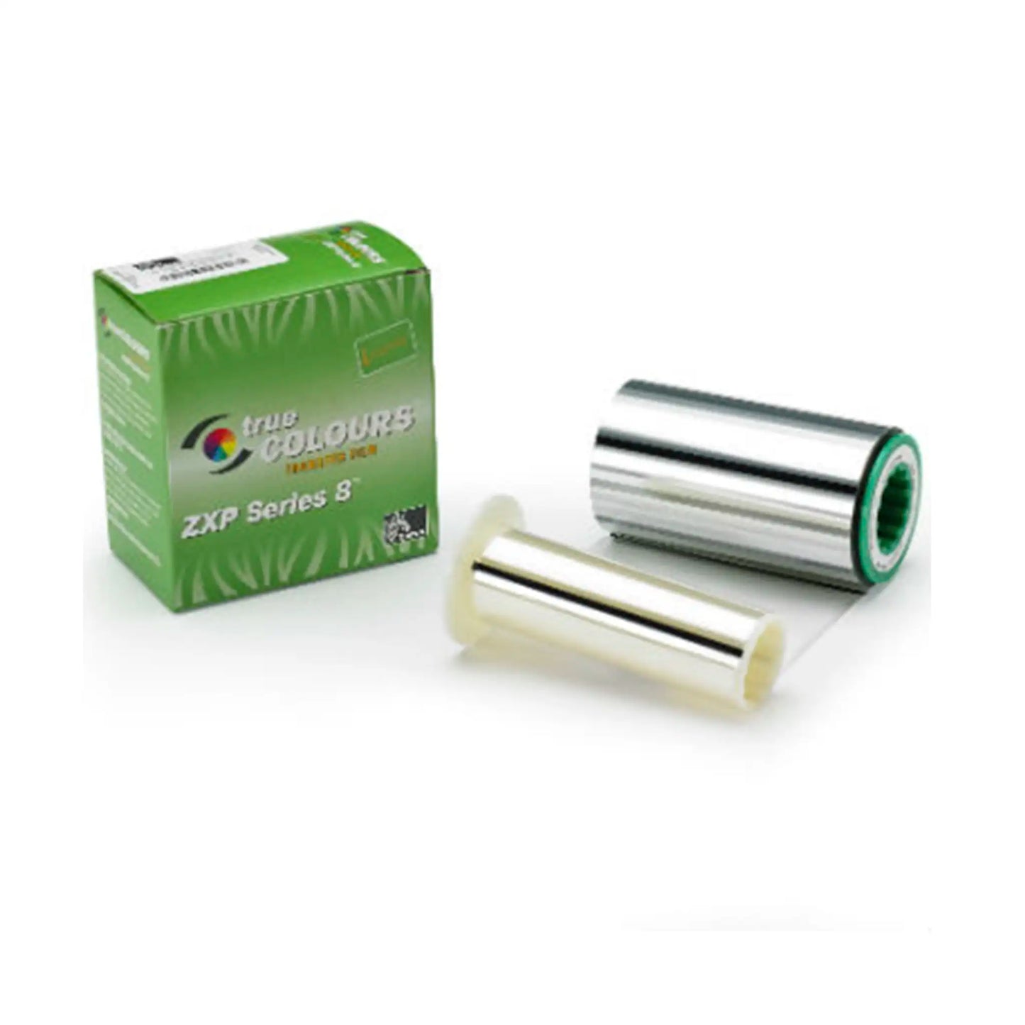 Green packaging box for Zebra 800012-601 Transfer Film - 1250 Prints for ZXP Series 8 & Series 9 ID Card Printers, with a roll of silver reflective printer ribbon partially pulled out, placed next to it, ideal for ID card printers.