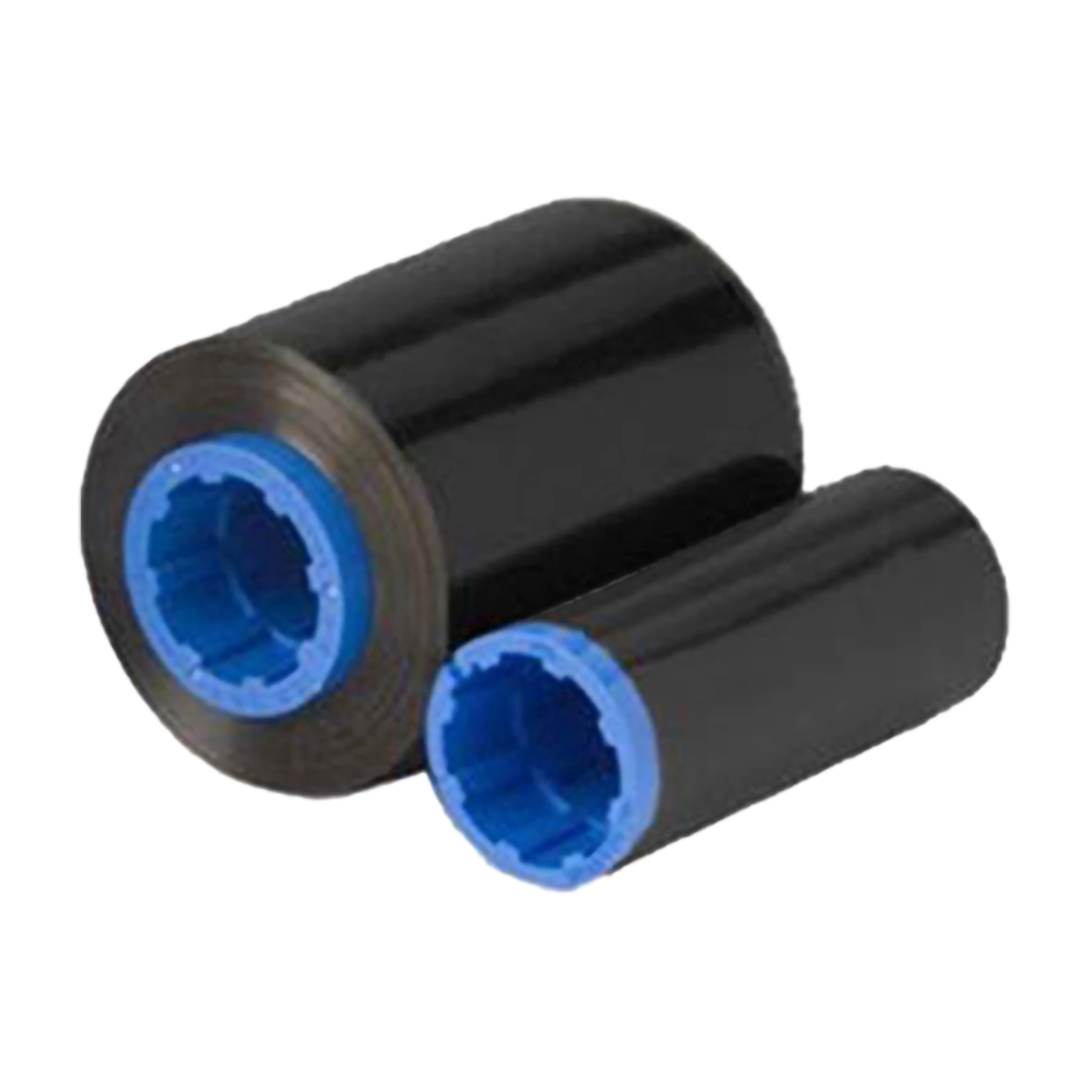 Two ZEBRA 800015-101 Black (K) Ribbons - 1000 Prints, one larger than the other, placed side by side—perfect for Zebra ID card printers.