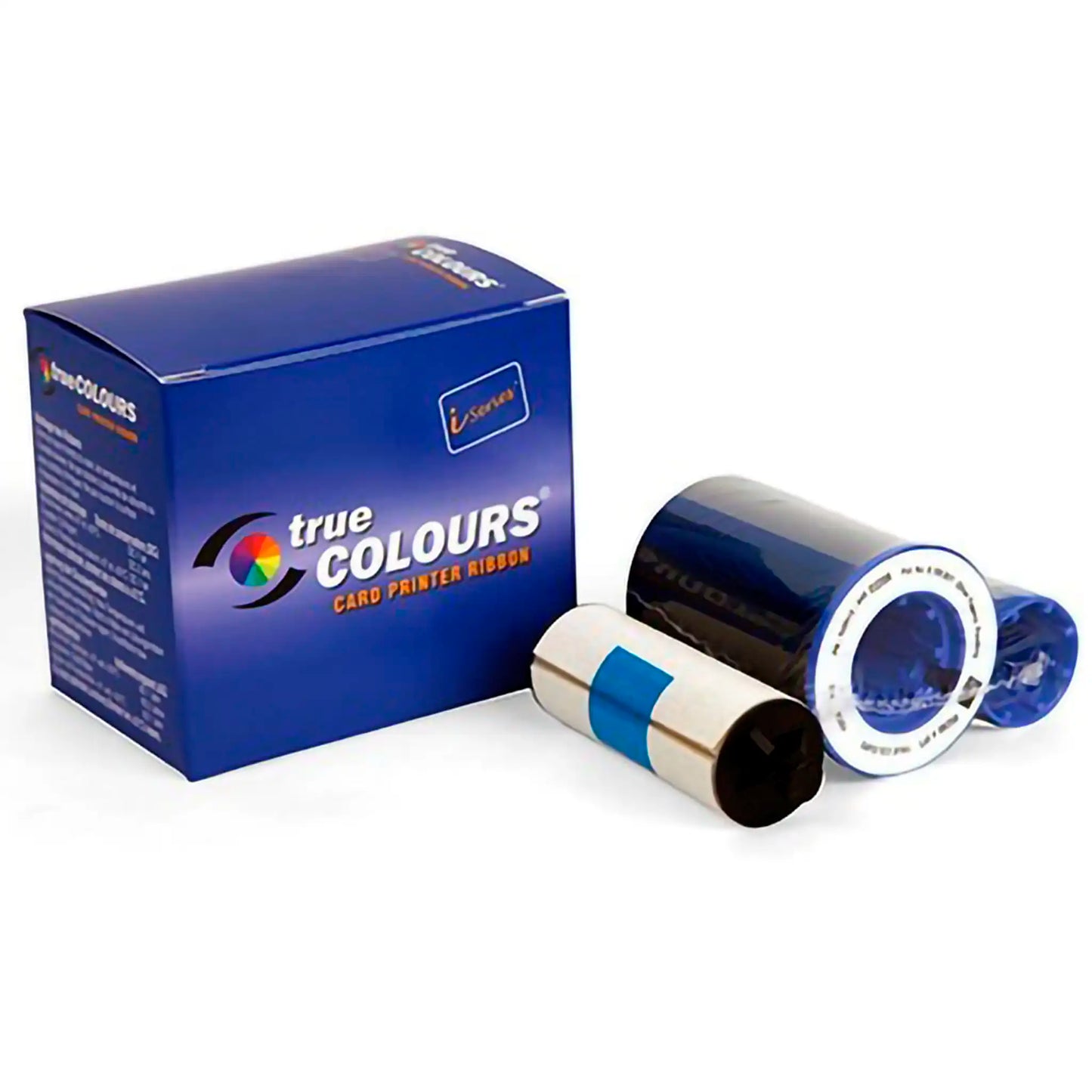 Box and spool of Zebra 800015-440 YMCKO Color Ribbon - 200 Prints for full-color card printing, featuring a blue packaging with text and graphics indicating branding and product details. Ideal for use with Zebra ID card printers.