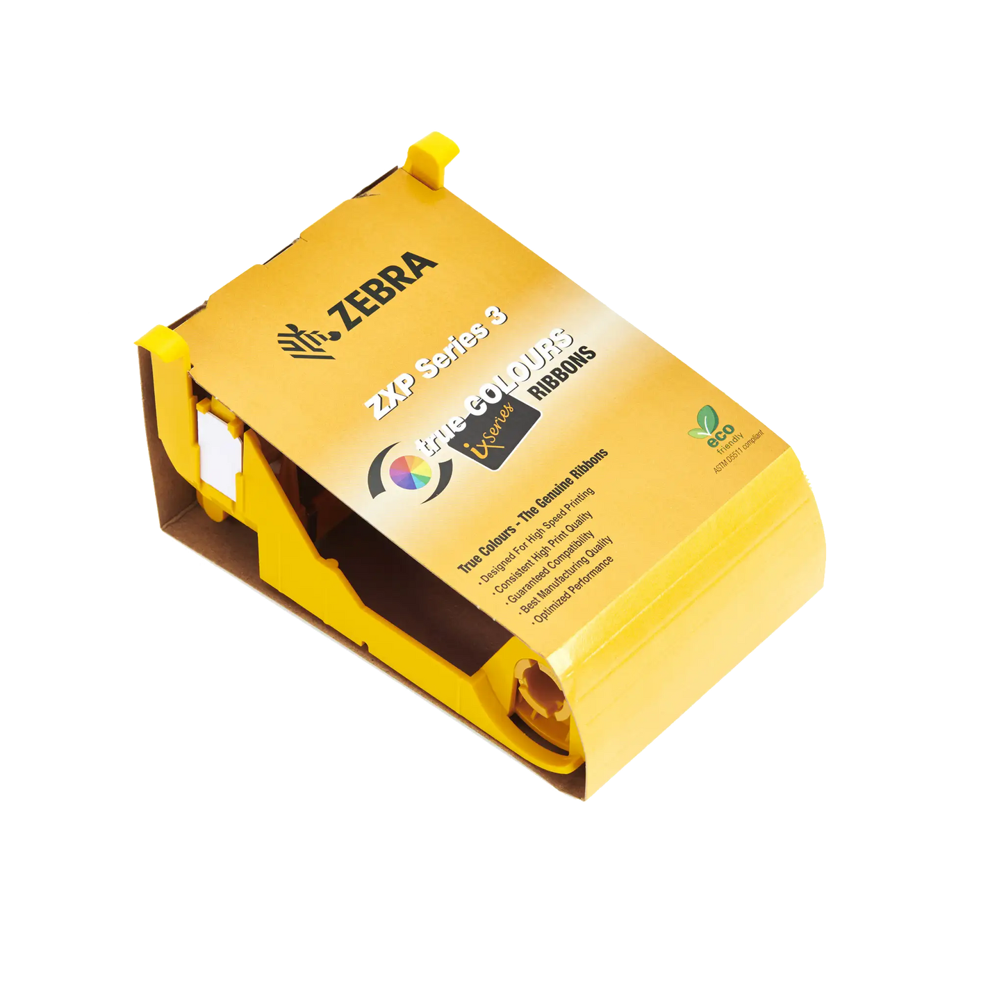 The Zebra 800033-301 Black Monochrome Ribbon, compatible with ZXP Series 3 card printers and packaged in yellow, is ideal for printing up to 2,000 cards.