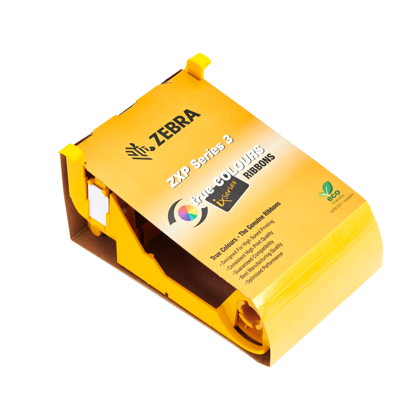 A yellow box containing the Zebra 800033-850 KdO Black Dye-Sub with Overlay Ribbon is pictured. The packaging prominently displays the product name and features, including True Colours ix Series ribbon for card printing and an eco-friendly logo. This ribbon, compatible with ZXP Series 3 card printers, is essential for maintaining high-quality prints with your ZXP Series 3 ID card printer.