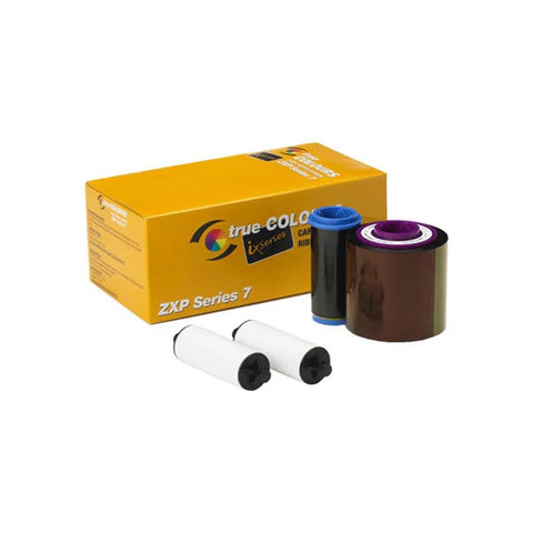 Zebra True Color ribbon set for ZXP Series 7 printers, including a genuine ZebraZebra 800077-742 YMCKO Color Ribbon - 750 Prints, Compatible with ZXP Series 7 Card Printers, black ribbon, and two white rolling spools, with packaging box in the background.