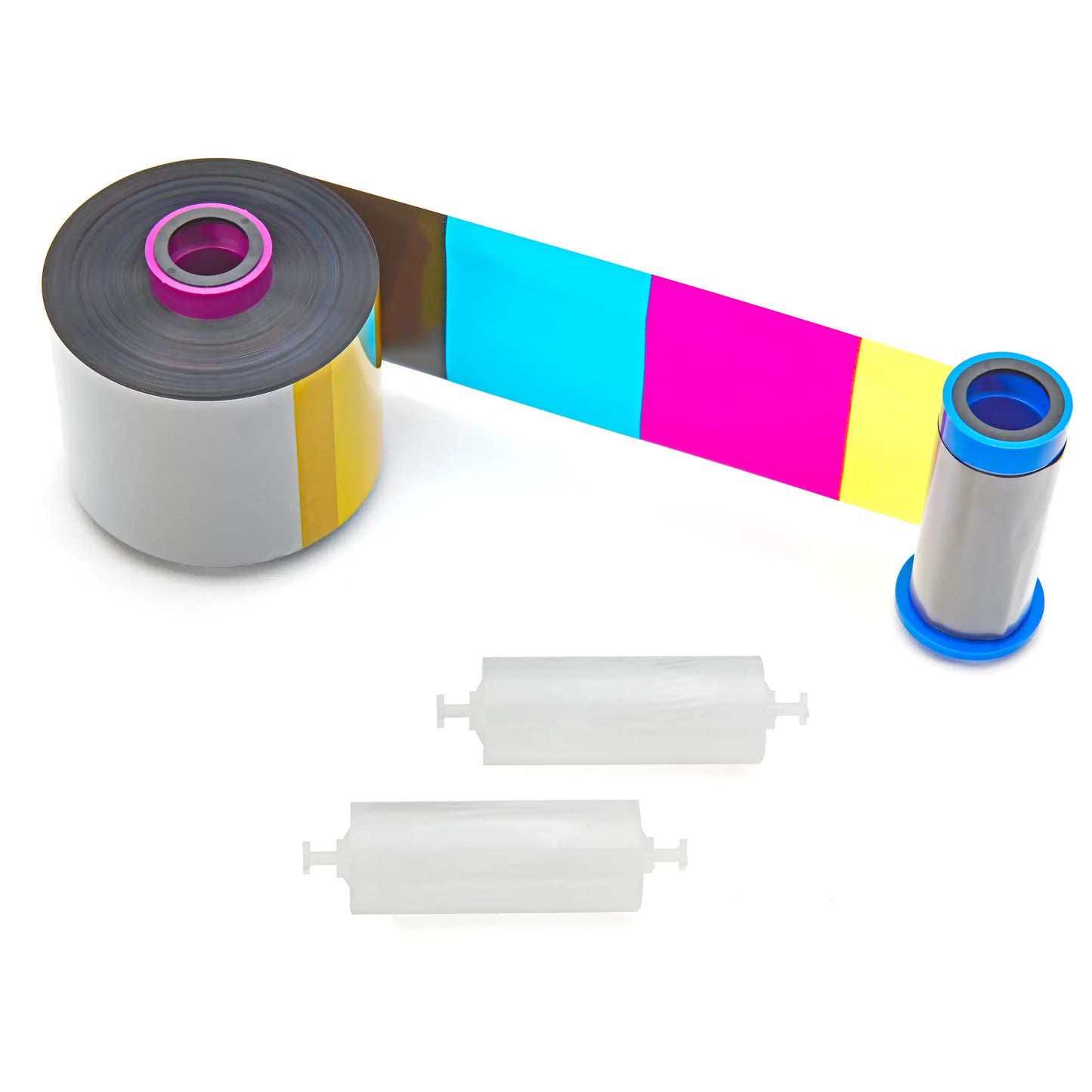 A Zebra 800077-747 YMCKO Half Panel Color Ribbon for ZXP Series 7 card printers, featuring segments in black, yellow, cyan, and magenta colors and includes two empty spools on a white background.