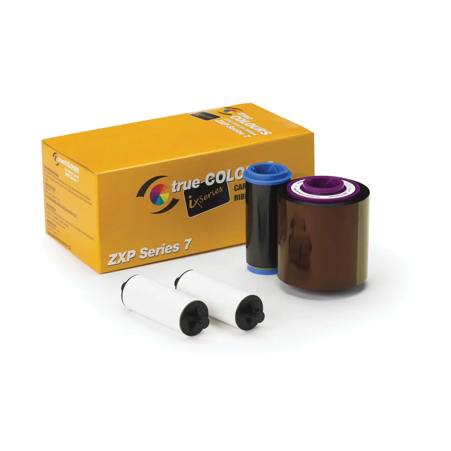 The Zebra 800077-770 YMCUvK Color Ribbon, compatible with ZXP Series 7 card printers and capable of producing 750 prints, comes in a yellow box with two white spools and is displayed on a white background.