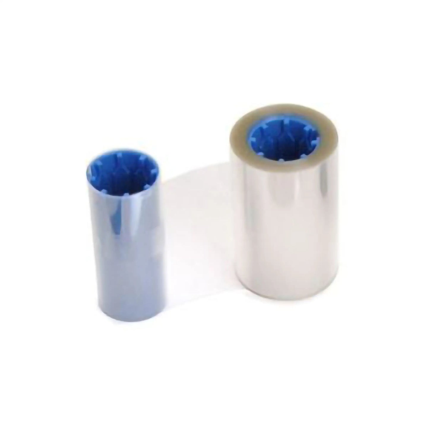 Two cylindrical rolls of plastic film, one partially unrolled, placed on a white background. The roll to the right is larger and opaque, while the one to the left is smaller, transparent, and identified as a Zebra 800085-914 True Secure Clear 1.0mil Laminate - 750 Prints, compatible with ZXP Series 7 ID Card Printers.