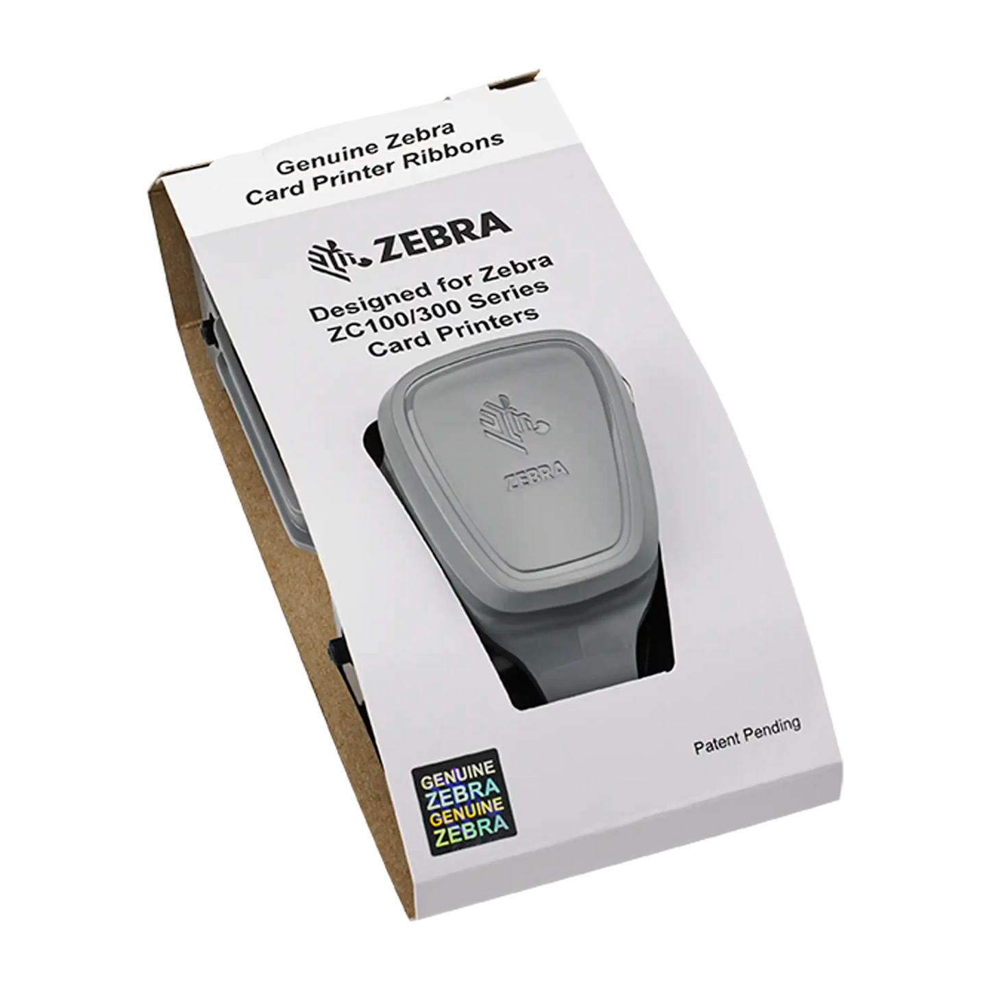 A box of Zebra 800300-301 Black Monochrome Ribbon - 2000 Prints designed for ZC300 ID card printer and ZC100 Series Card Printers. The box displays the Zebra logo and indicates the item is patent pending.