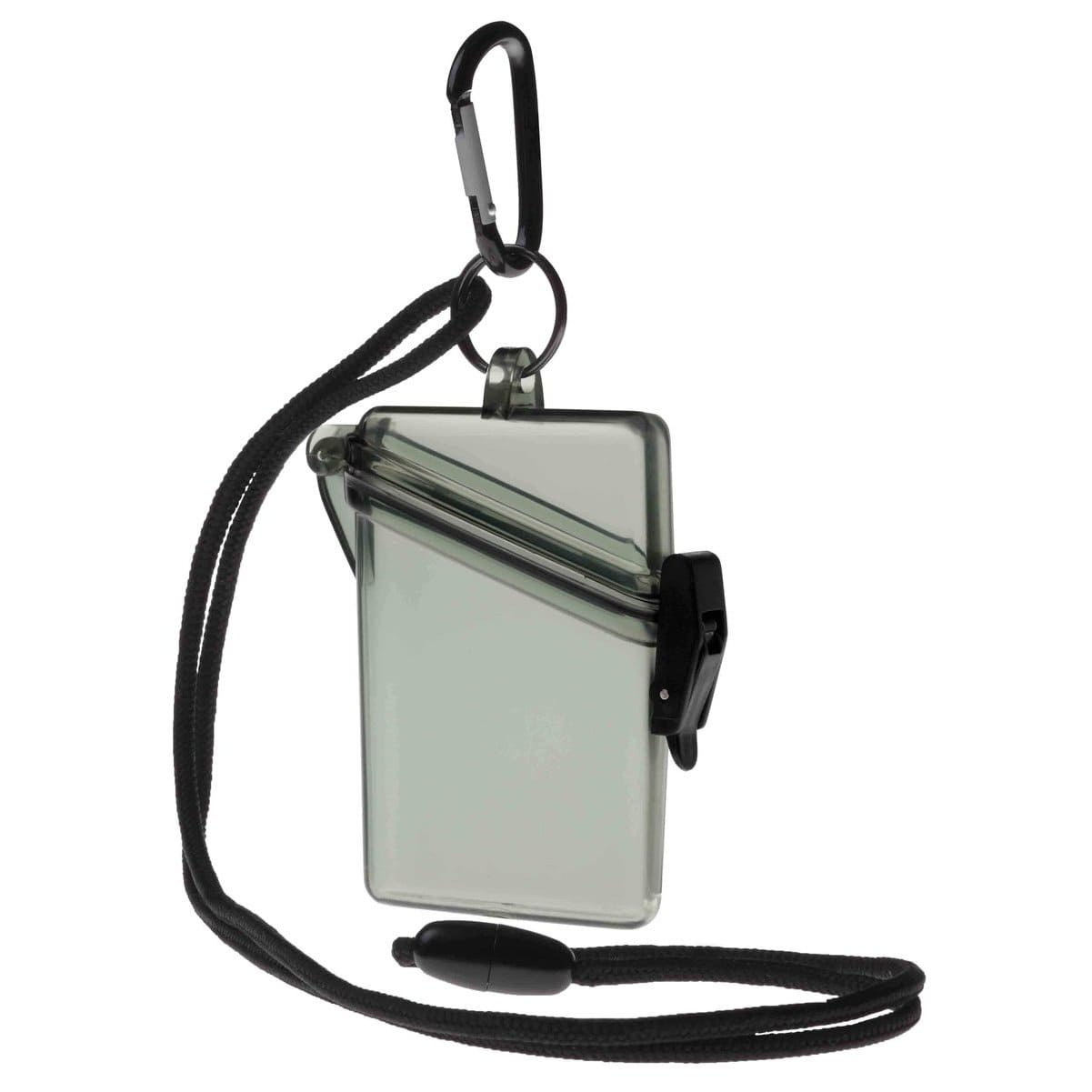 A Witz See It Safe Waterproof ID Badge Holder (P/N 004), made from crush-resistant plastic, with a black neck lanyard and carabiner attached.