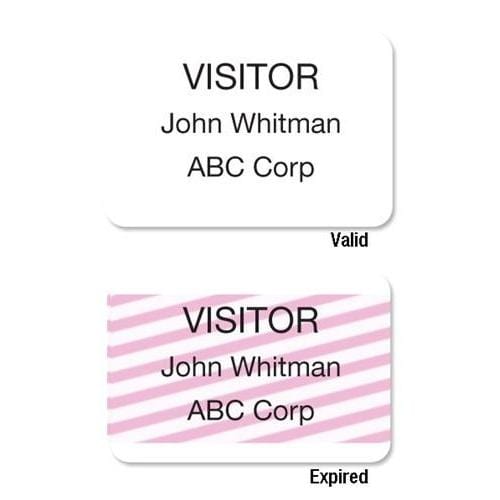 Two visitor badges for John Whitman from ABC Corp. The top badge is valid, printed using One-Step One Day Thermal Printable Self-Expiring Visitor Badges, Box of 500 (T2011). The bottom badge has red and white stripes indicating it is expired, showcasing the efficacy of One-Step One Day Thermal Printable Self-Expiring Visitor Badges, Box of 500 (T2011) within our robust visitor management system.