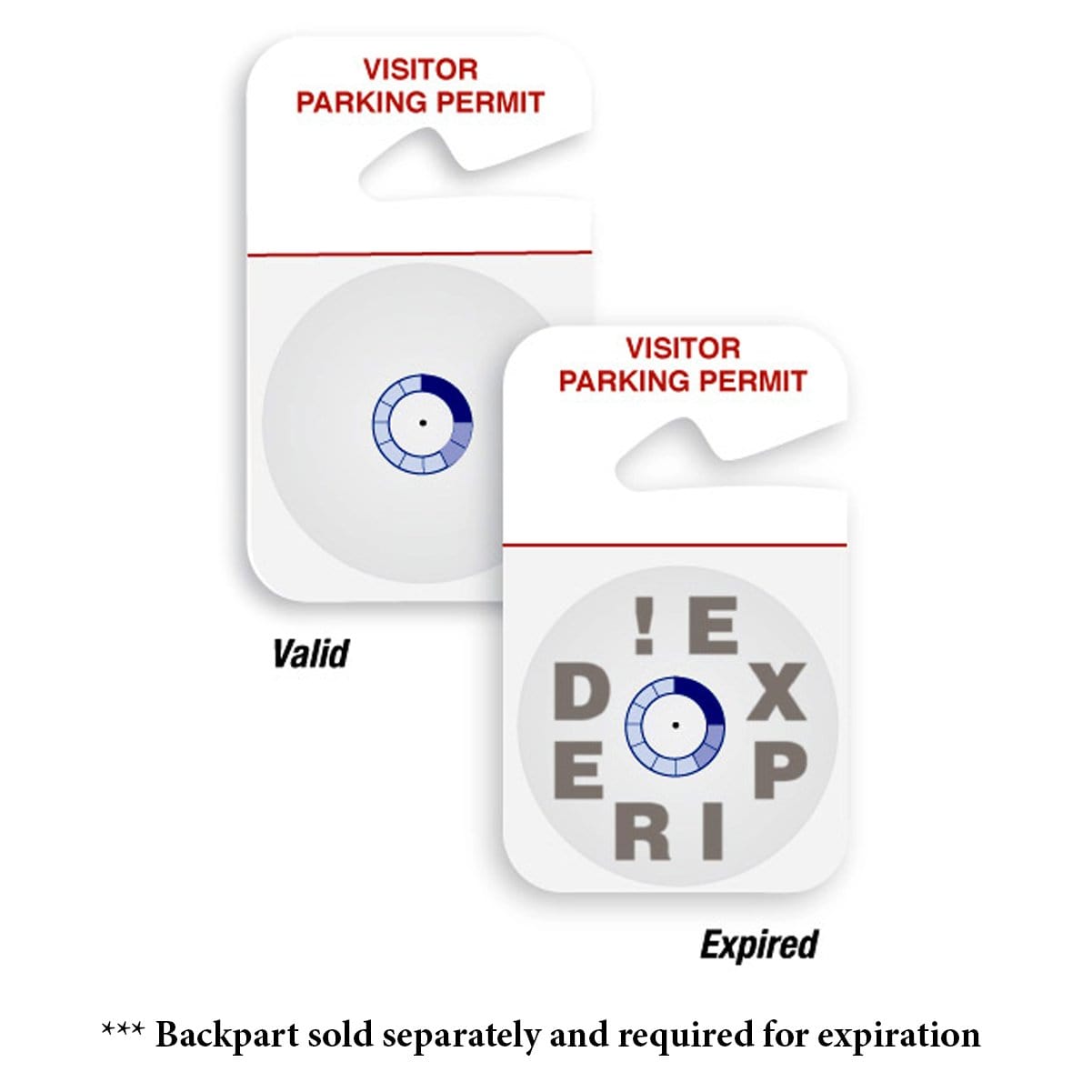 Two visitor parking permits are displayed: one marked as "Valid" with a blue dot, and the other marked as "Expired" with the word "Expired" over the blue dot. Text below mentions back part sold separately. This is essential for effective Visitor Management within any establishment using the One Day Expiring Timing Cover - Regional Climate Based, Box of 500 (P/N 0514X).
