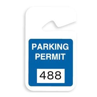 A Non-expiring 3x5 Parking Permit Hangtag, Box of 100 (P/N 0519X) with a blue background, labeled "PARKING PERMIT" in white text, and the number 488 printed below. This reusable PVC plastic tag is perfect for efficient visitor management.